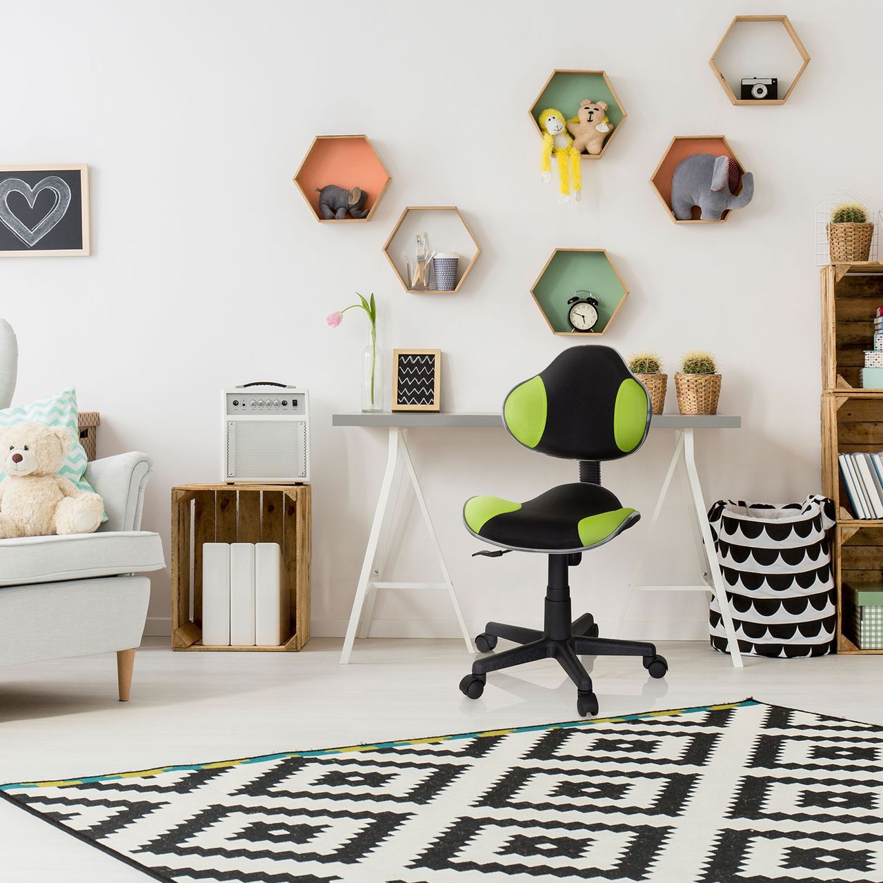 hjh OFFICE Schreibtischstuhl KIDDY GTI-2 Schwarz/Grün höhenverstellbarer ergonomischer Kinderstuhl
