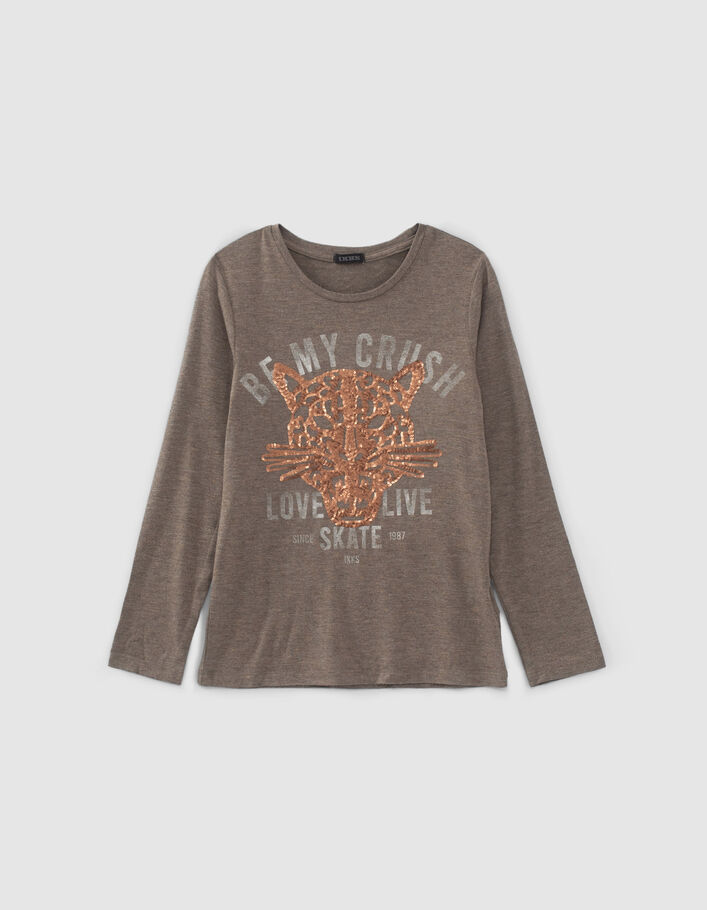 T-shirt kaki tête de léopard sequins fille