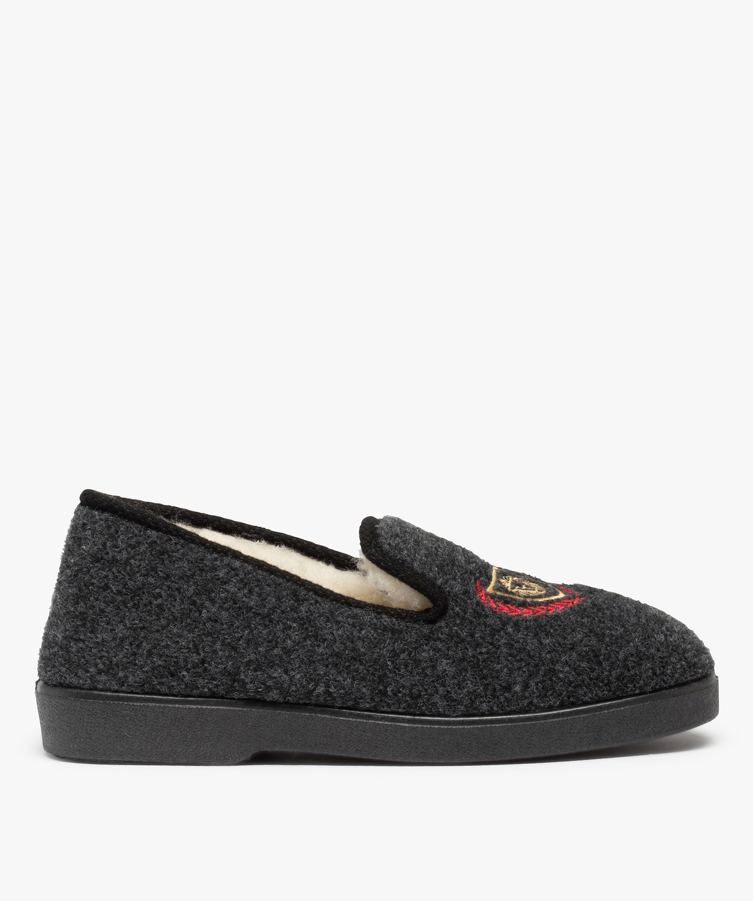 Chaussons homme charentaises en feutrine brodée gris fonce | GEMO