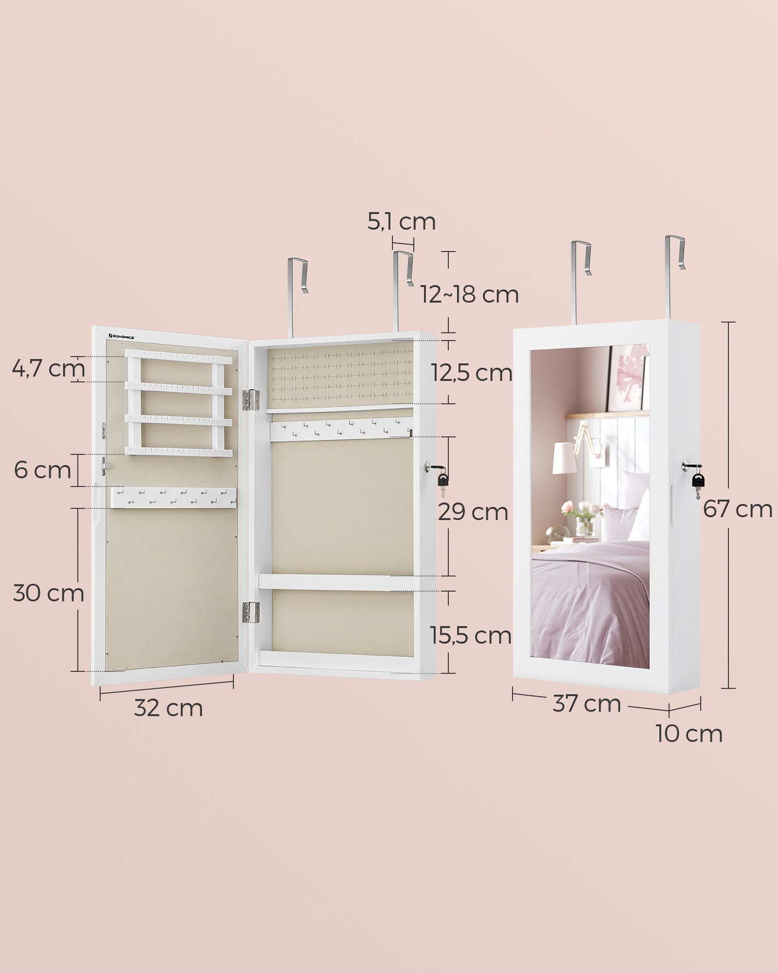 SONGMICS Schmuckschrank Spiegelschrank abschließbarer Wandschrank, weiß