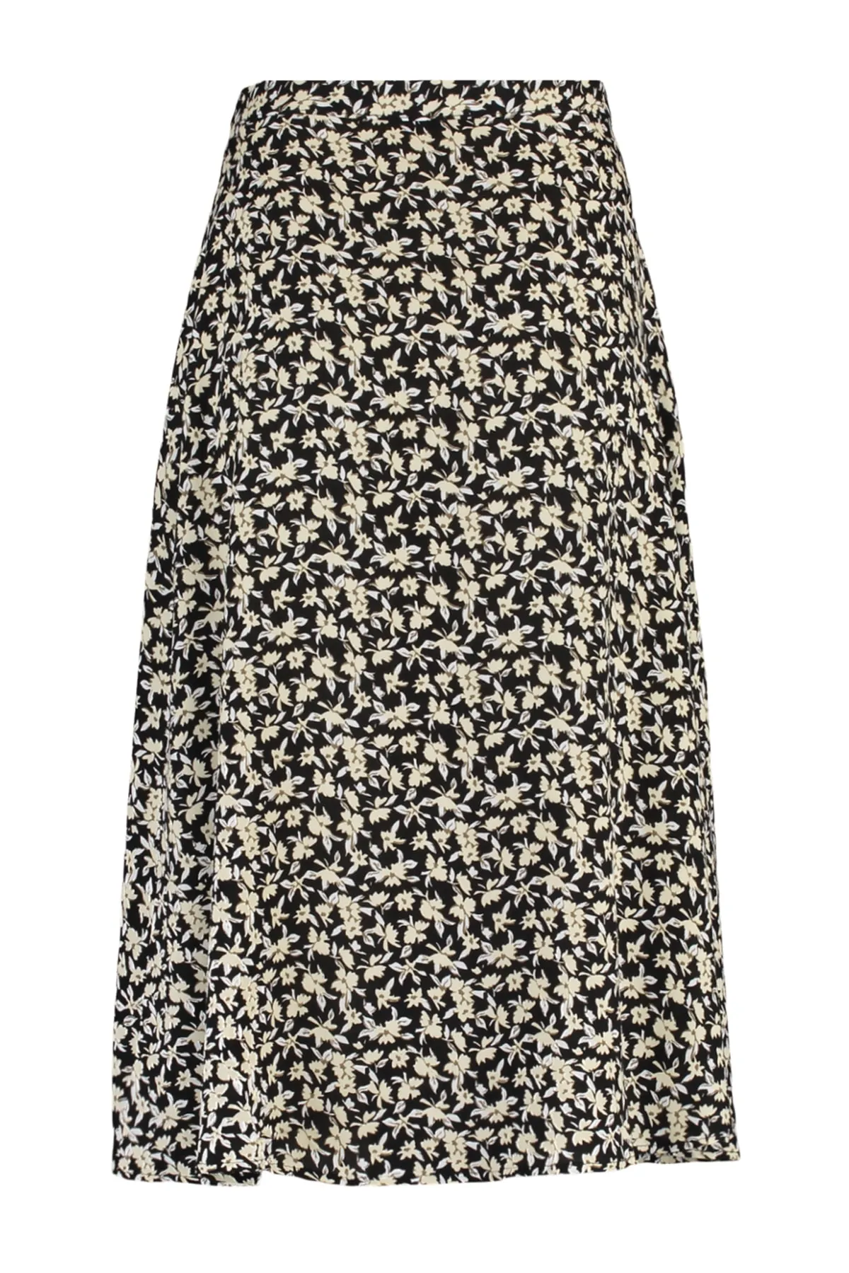 Trendyol Collection  Schwarzer gewebter Midirock aus Viskosestoff mit Schlitzdetail und Blumenmuster TWOSS20ET0230