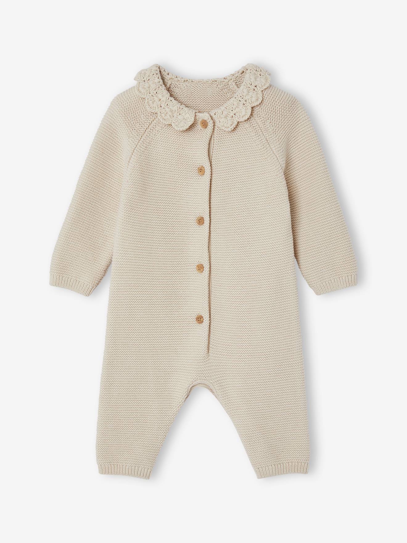 Vertbaudet Baby Strick-Overall mit Häkelkragen - wollweiß