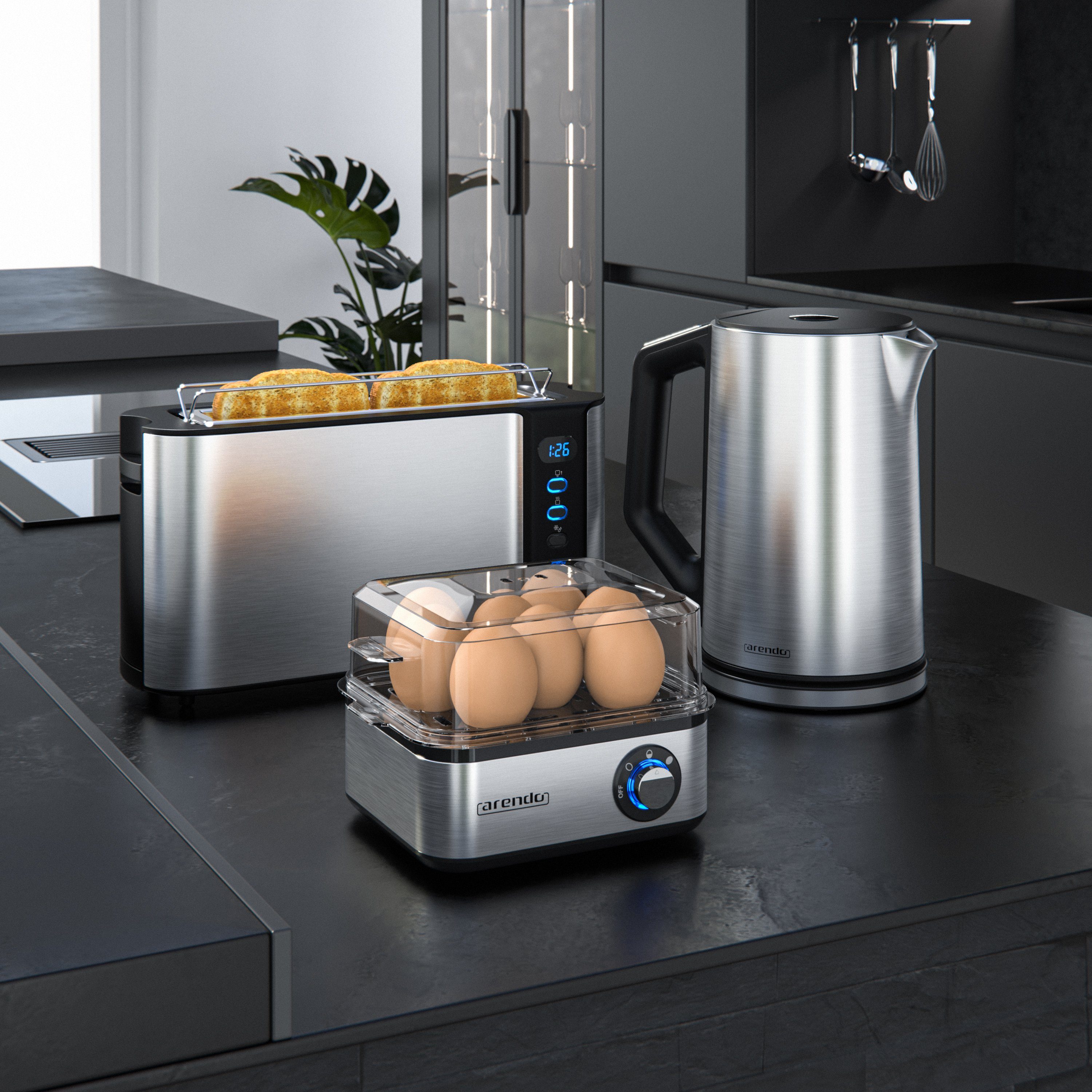 Arendo Frühstücks-Set (3-tlg), Wasserkocher 1,5l / 2-Scheiben Toaster / Eierkocher, Edelstahl, Silber