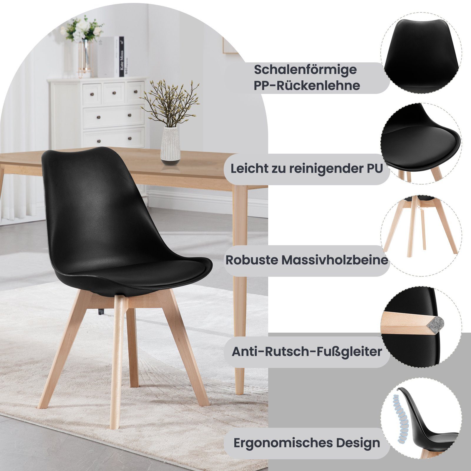 EUGAD 4-Fußstuhl (4 St), Esszimmerstühle Design, mit Massivholzbeinen, gepolstert, Kunstleder