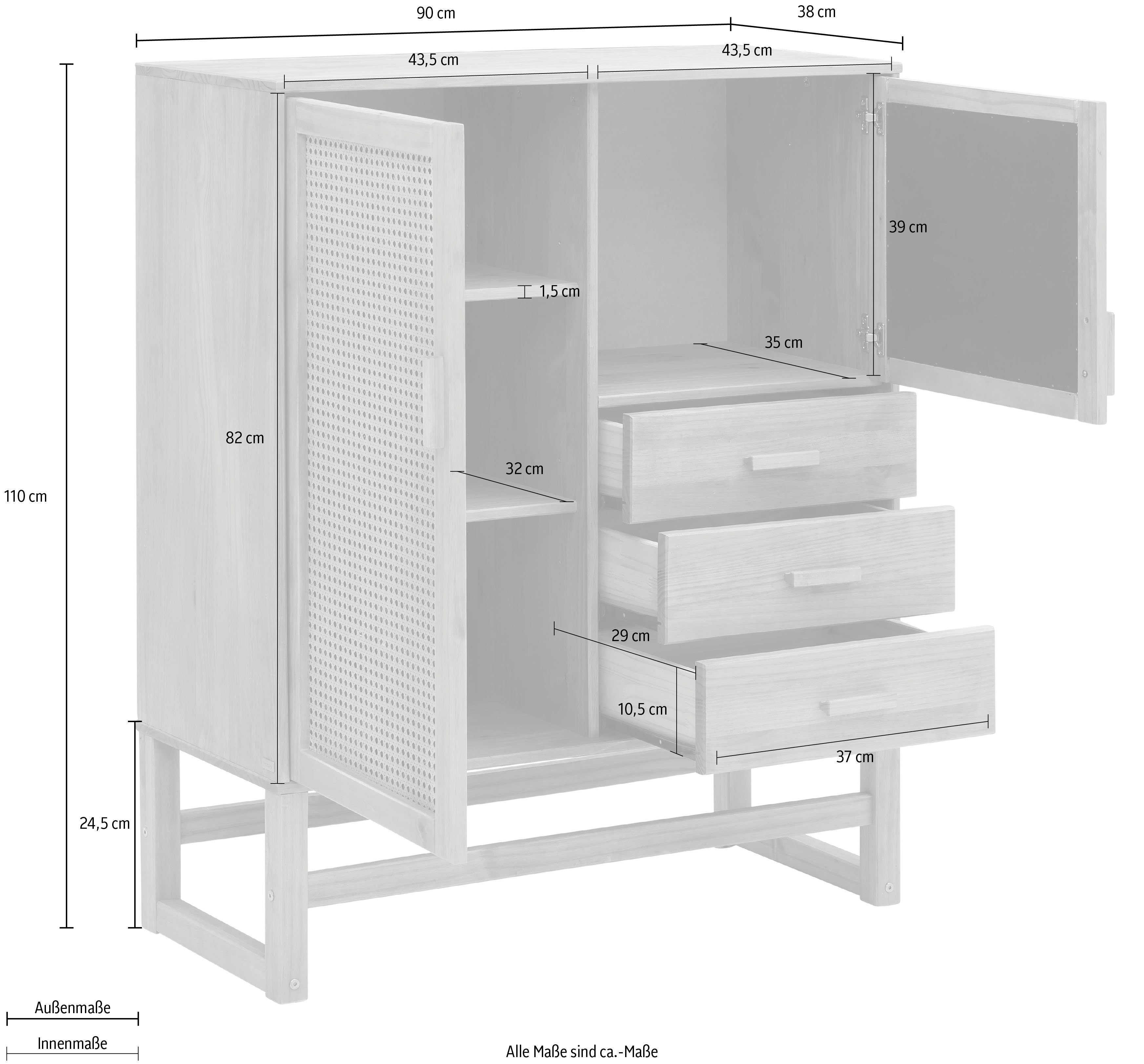 Home affaire Highboard, mit Rattangeflecht auf den Türfronten, Massivholz, zwei Farbvarianten