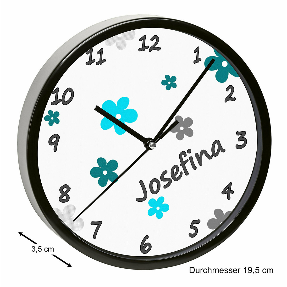 Kinder Wanduhr laufruhig personalisiert mit Name Blumen Türkis