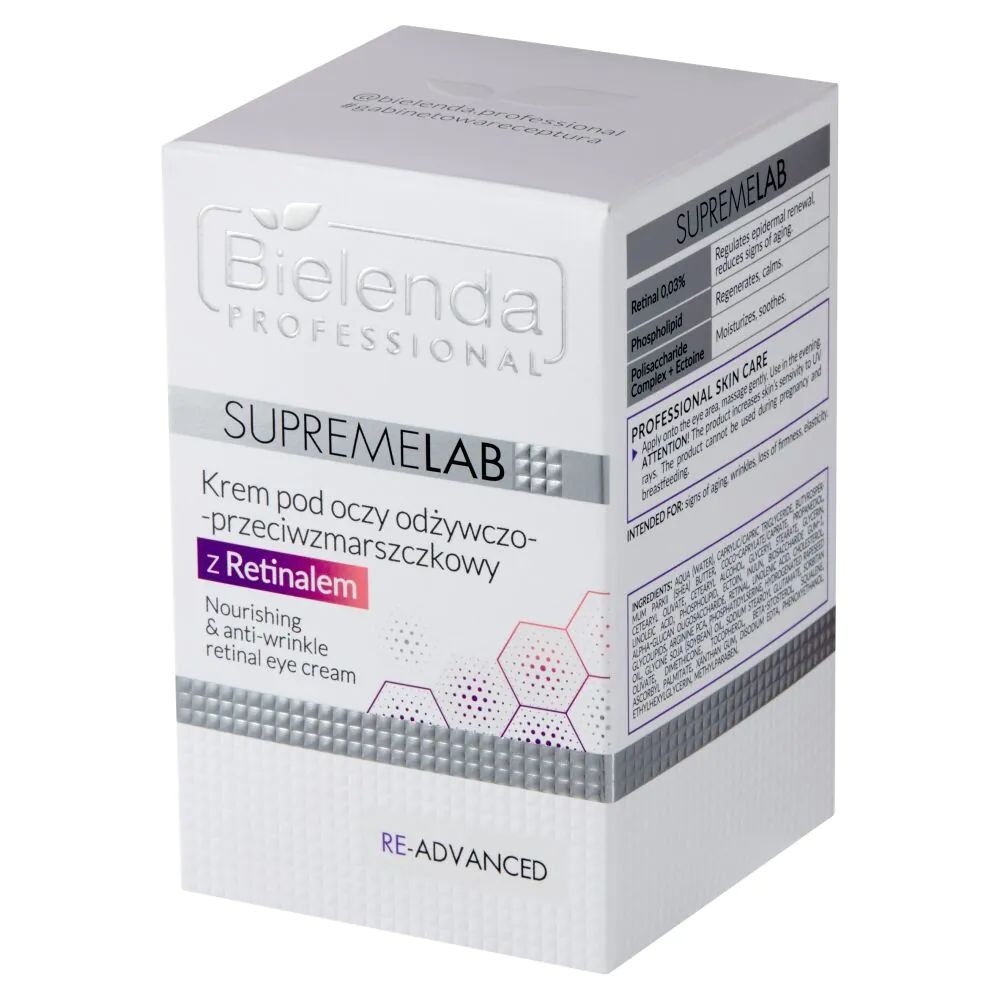 „Bielenda Professional Supremelab Re-Advanced“ maitinamasis ir raukšles mažinantis paakių kremas su tinklainės ekstraktu.
