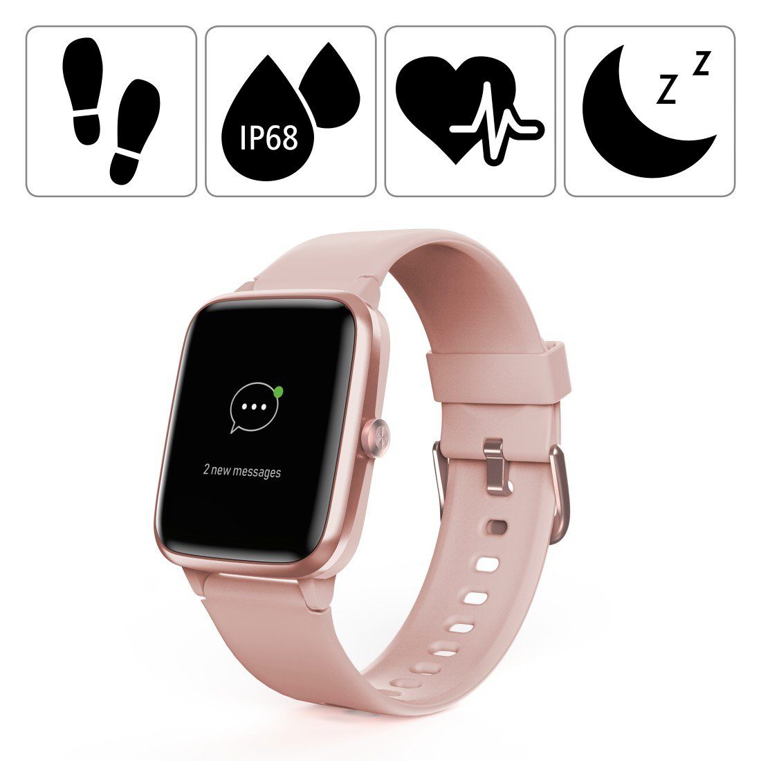 Hama Smartwatch, GPS, wasserdicht, Herzfrequenz, Kalorien, Schritte, Rosé Smartwatch (3,3 cm/1,3 Zoll), Tempo, Musiksteuerung, Nicht Stören Modus, Timer Wecker, Wetteranzeige