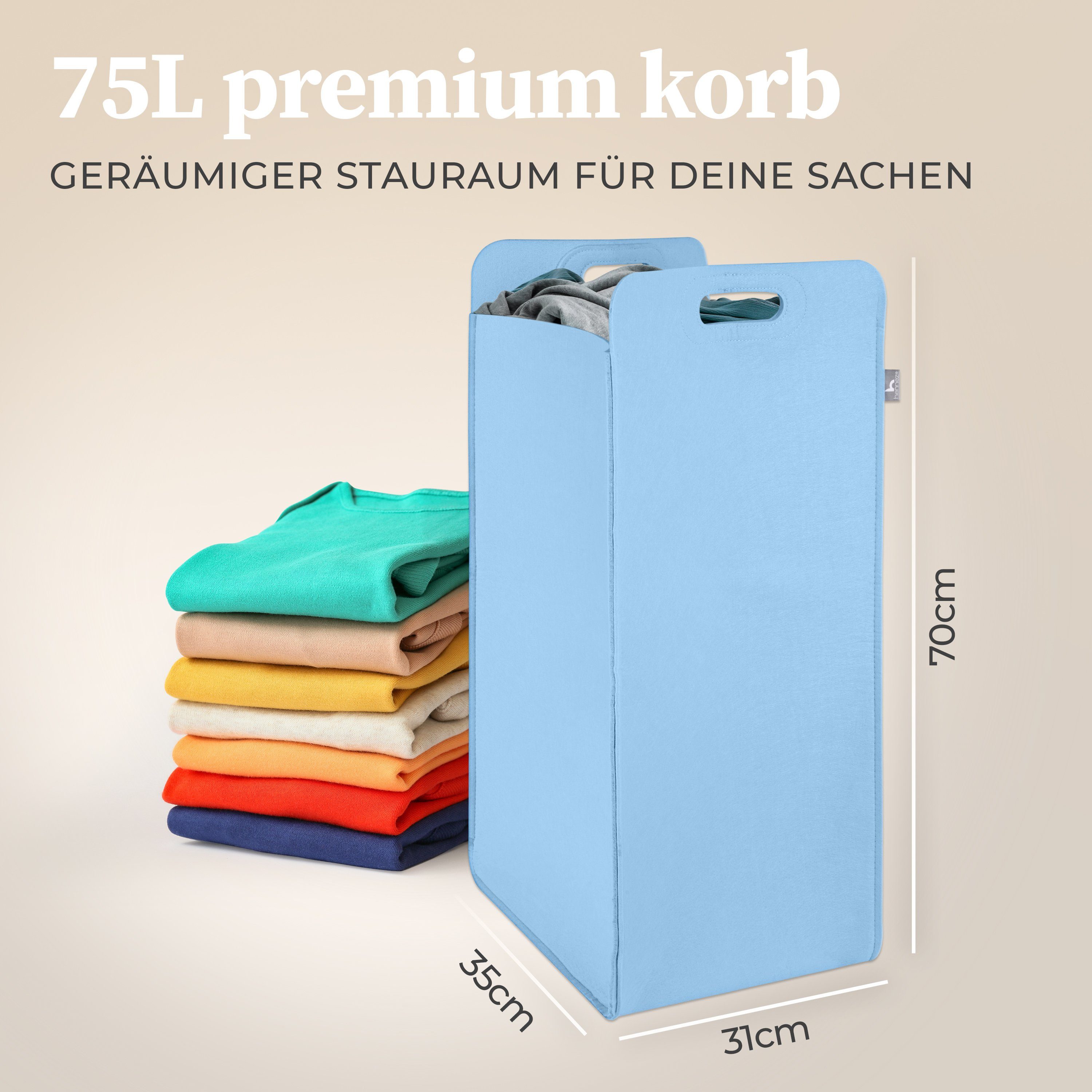 HENNEZ Wäschekorb, Wäschetonne (75L) aus Filz schmal und faltbar, Spielzeug Aufbewahrung, Wäschetonne groß