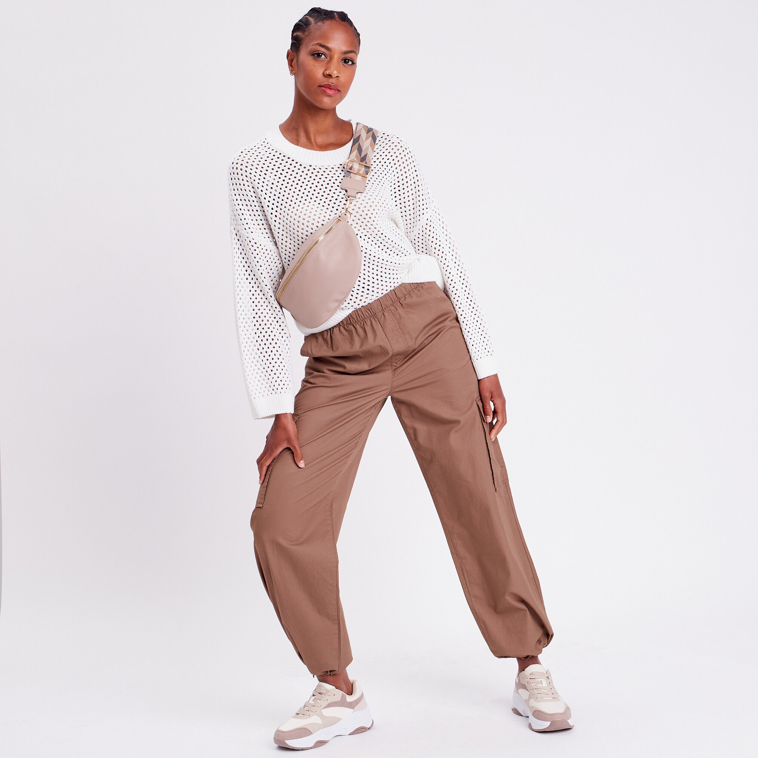 Pantalon parachute large taupe femme | Cache Cache