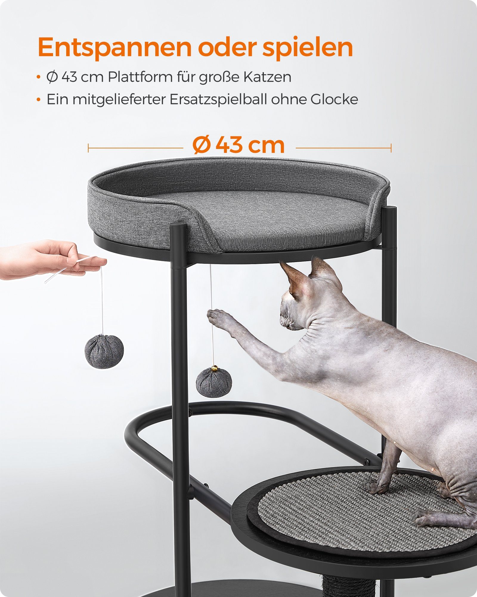 FEANDREA Kratzbaum, modern,Metallrohre,mit Kissen,Sisalstamm,Katzenspielball