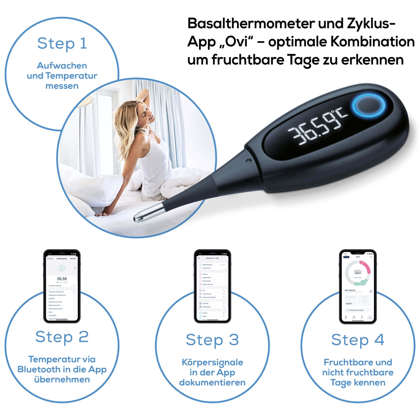 Beurer Basalthermometer OT 30-Basalthermometer für Schwangerschaft oder Zyklustracking - Bluetooth® kompatibel mit „Ovy“ App