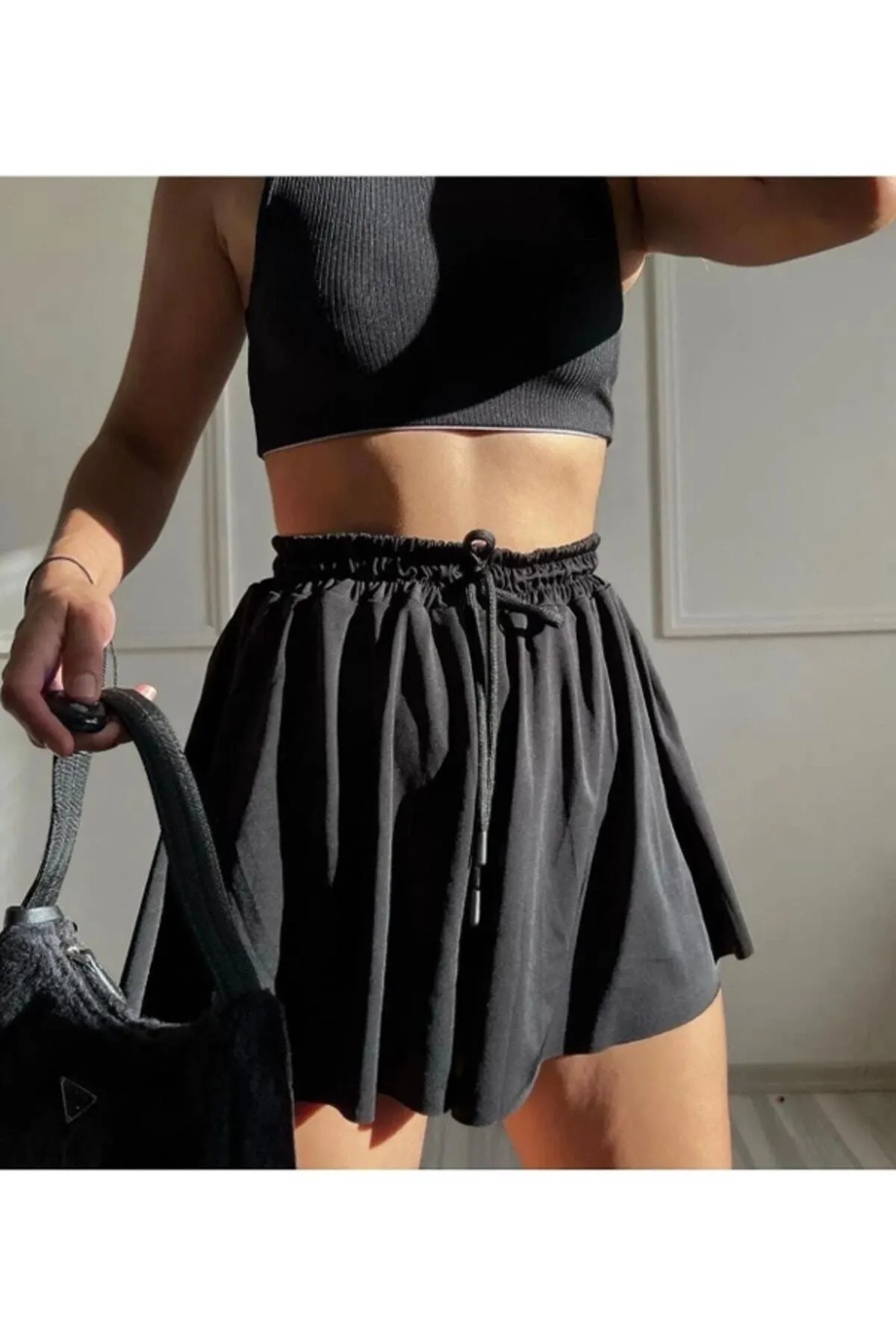 ZF BUTİK  Schwarzer locker geschnittener Strumpfhosen-Sport-Shorts-Rock für Damen