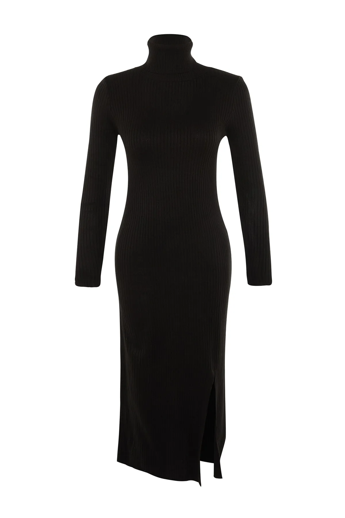 Trendyol Collection  Schwarzes Strickkleid mit Rollkragen und Schlitz und detailliertem Strickmuster TWOAW23EL00662