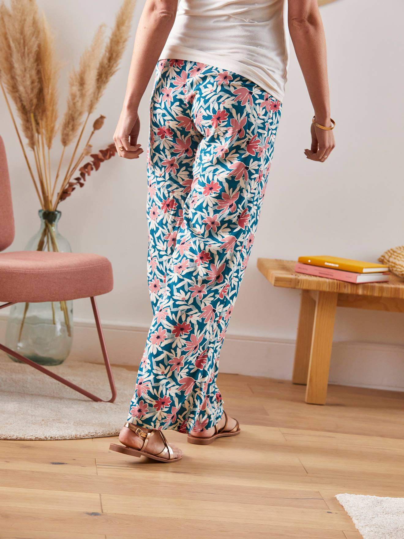 Pantalon de grossesse en viscose imprimée fleuri vert imprimé terracota