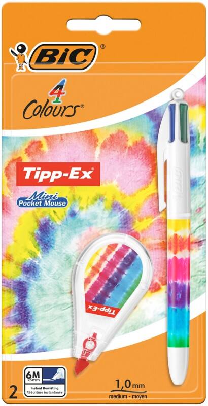 BIC 4 Colours Kugelschreiber Blau, Grün, Rot, Schwarz Mittel 0.4 mm Nachfüllbar   Tipp-Ex Mini Pocket Mouse in Batikoptik