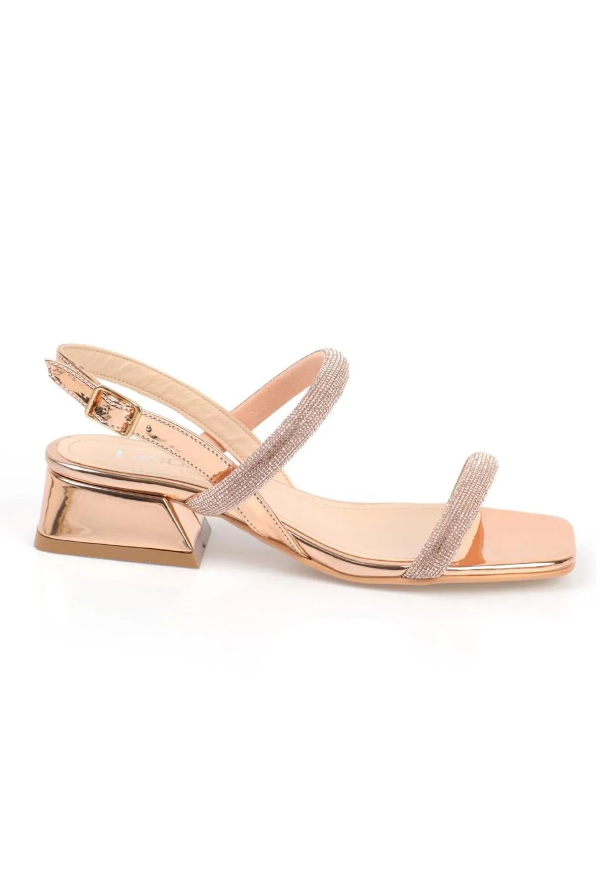 Capone Outfitters  Capone Blunt Toe Stone Double Thick Strap Short Heel Mirror Fabric Rose Damen-Sandalen