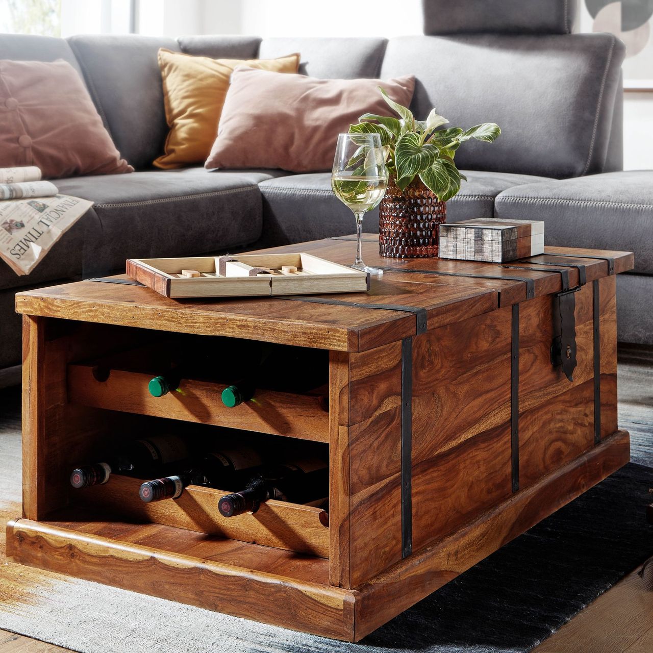Wohnling Couchtisch 100x60x40 cm Truhentisch Massivholz Tisch Wohnzimmer Modern