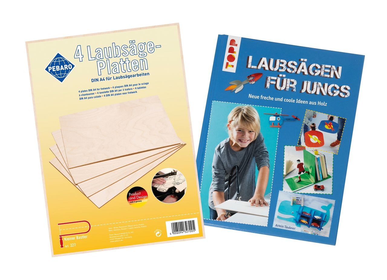 PEBARO 4 Laubsägeplatten aus Birkenholz mit Laubsägebuch
