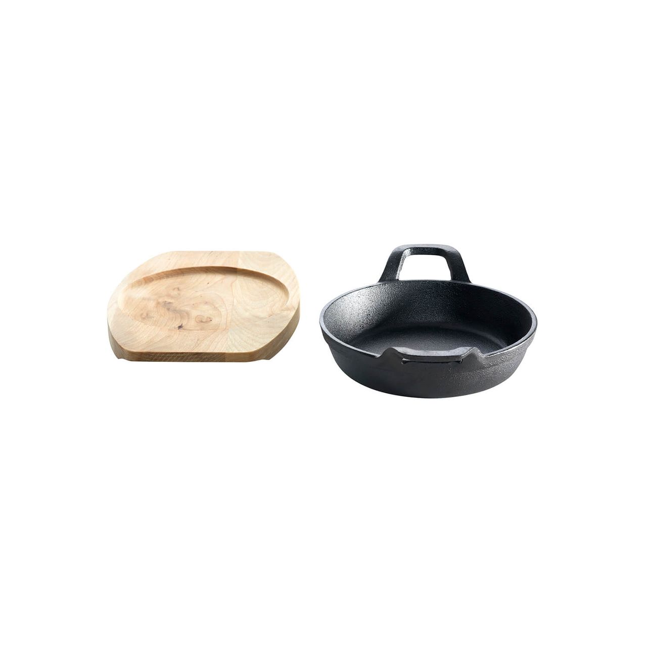 Allgrill Guss-Servierpfanne und Holzuntersetzer 12cm rund schwarz