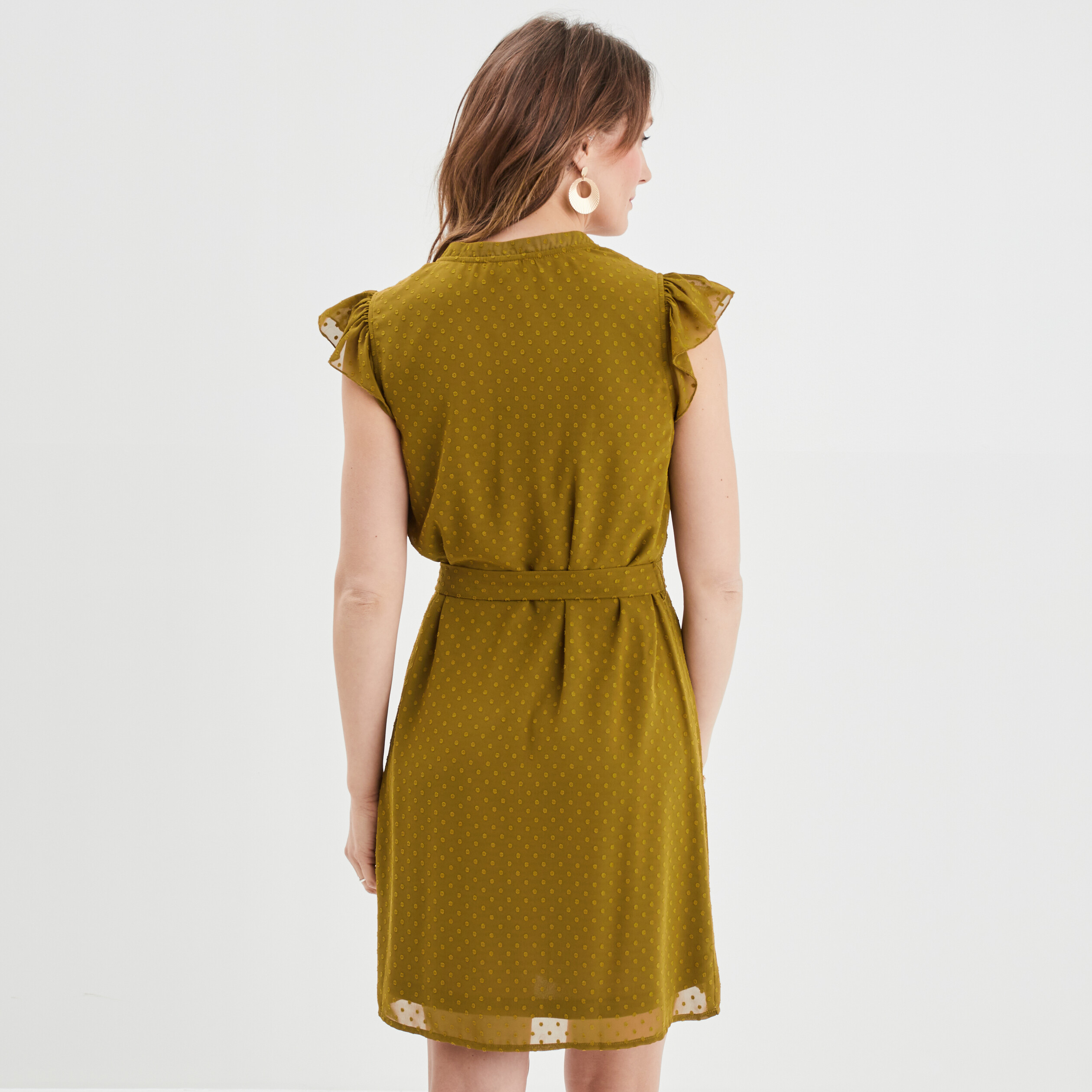 Robe plumetis droite ceinturée vert olive femme | La Halle