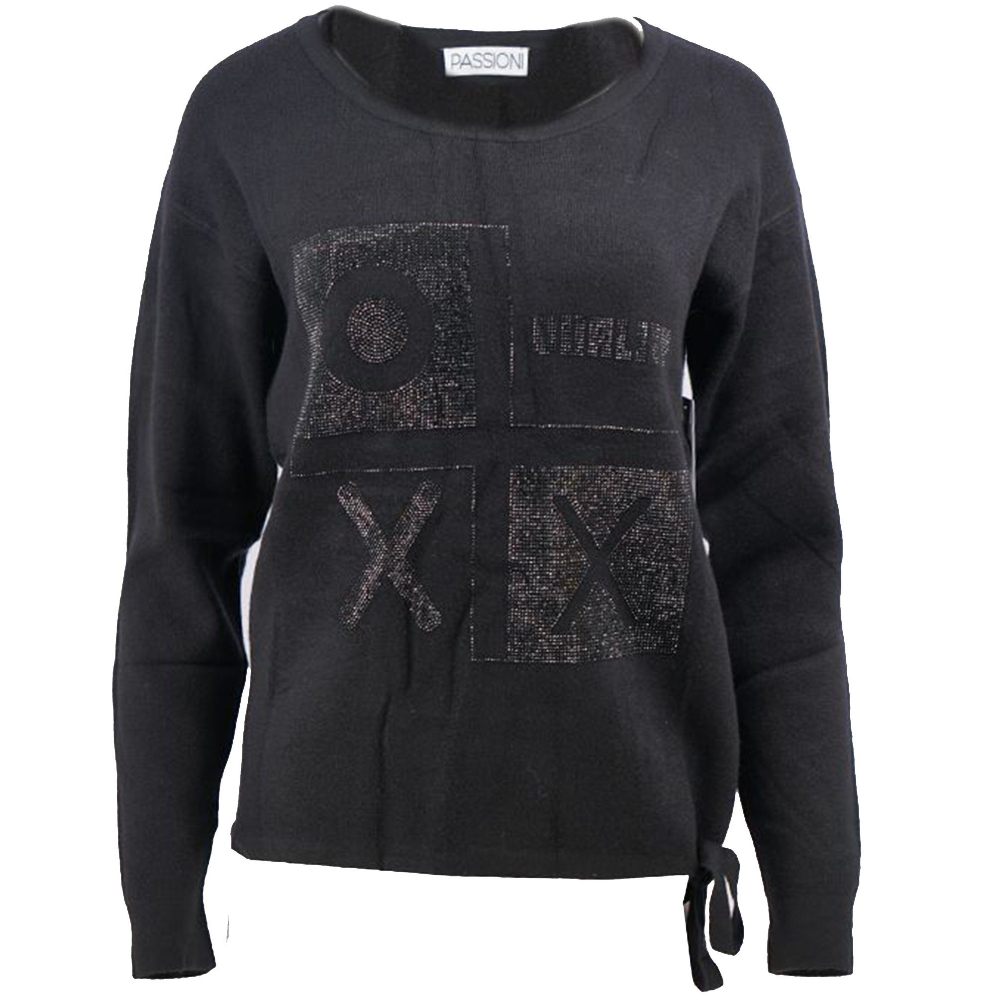 Passioni Strickpullover Schwarzer sportlicher Pullover mit Strass Details