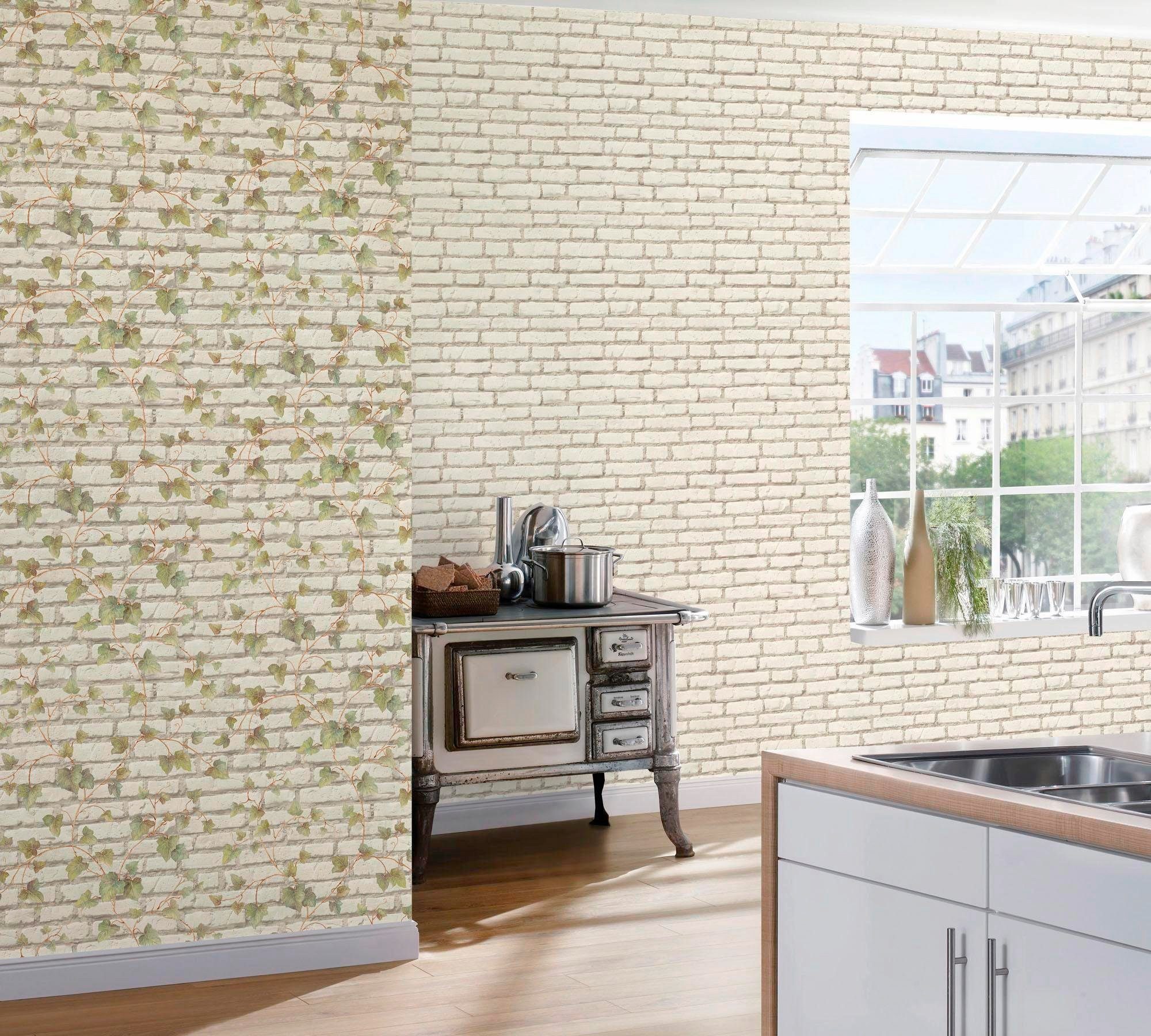 living walls Vliestapete Best of Wood`n Stone 2nd Edition, Steinoptik, Blumentapete Tapete Stein Grün Weiß Braun