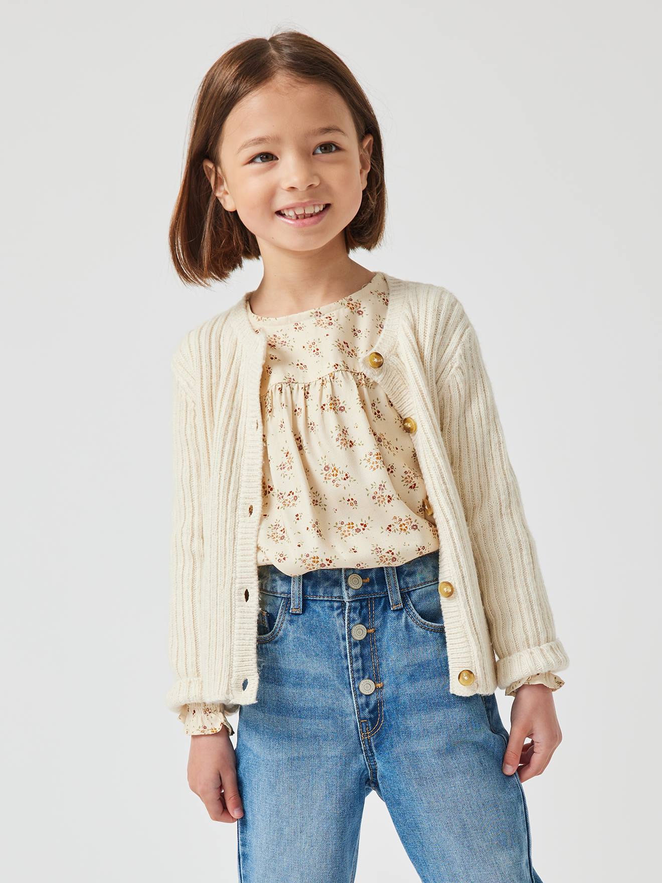 Blouse fleurie fille manches volantées bleu grisé