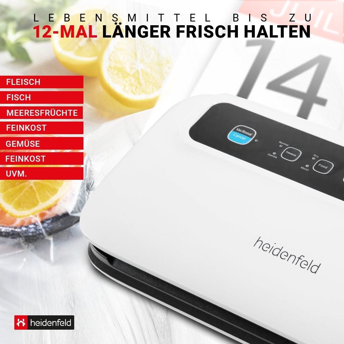 Heidenfeld Vakuumierer Folienschweißgerät HF-VK100 inkl. 5 Folienbeutel, 30 cm Schweißbreite - 125 W Heizleistung - Vakuumierung - 0,8 bar