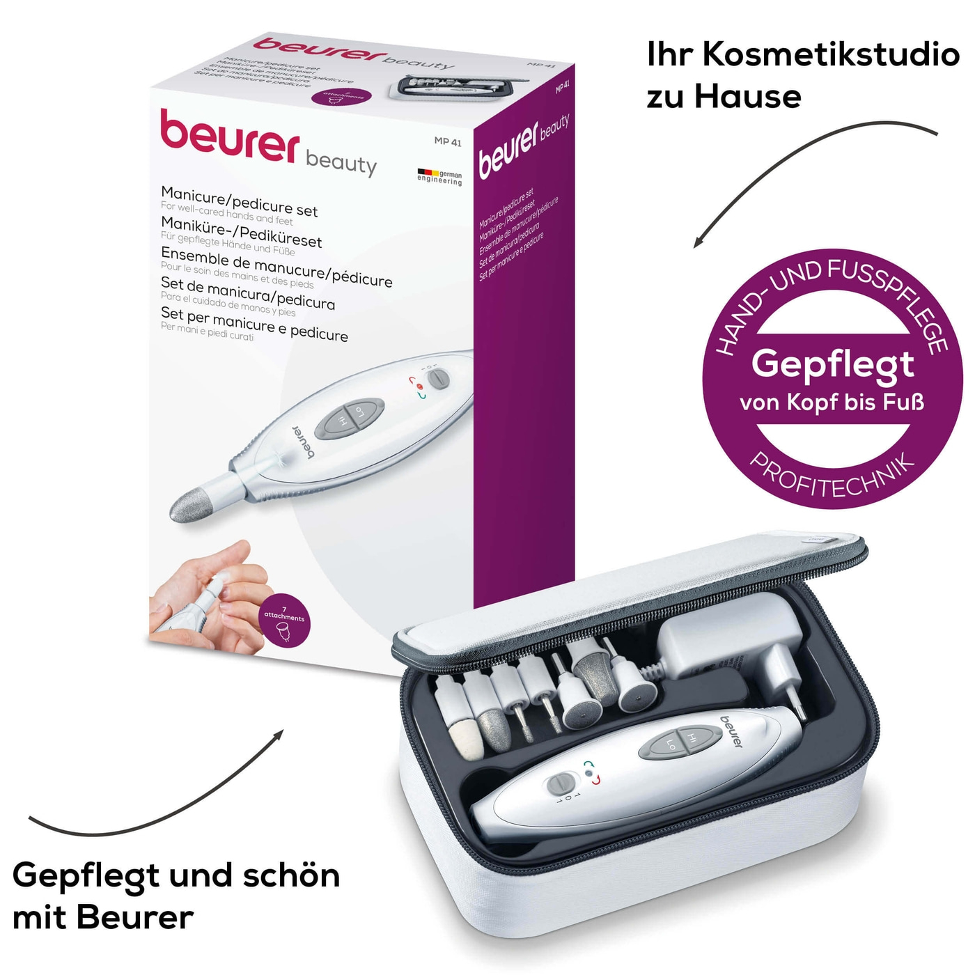 Beurer Maniküre-/Pediküreset MP 41-Nagelfräser für eine hochwertige Maniküre & Pediküre mit 7 Aufsätzen