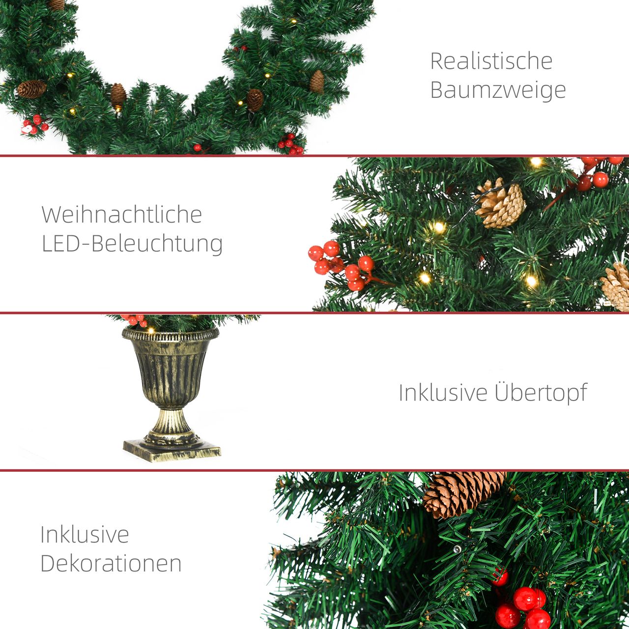 HOMCOM 4-teiliges Set Weihnachtsschmuck Haustür Deko Weihnachtsdekoration-Set mit LED-Beleuchtung inkl. 2 Weihnachtsbäume, 1 Weihnachtskranz, 1 Weihnachtsgirlande