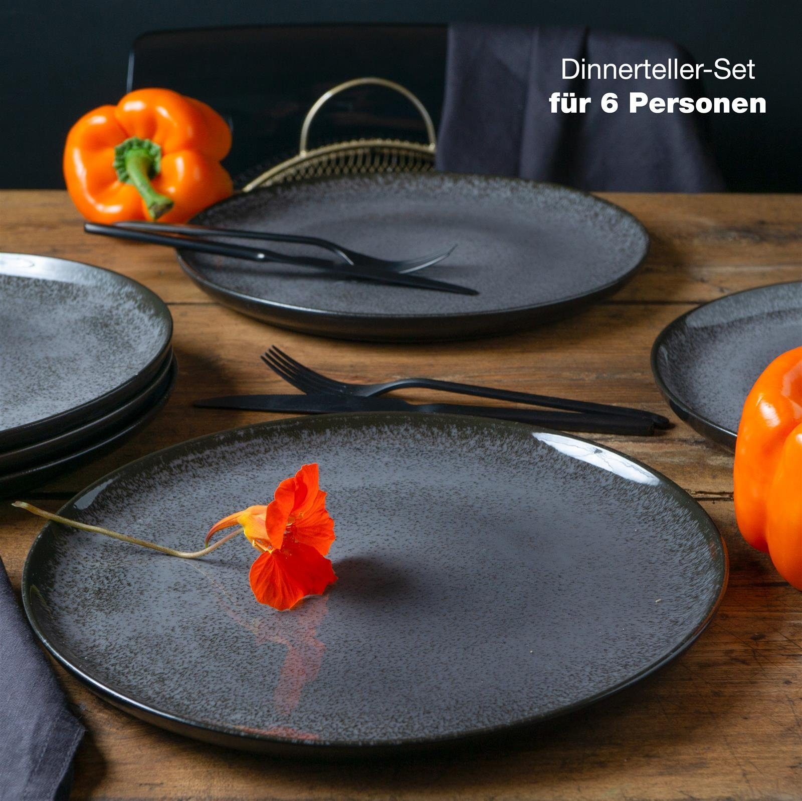 Moritz & Moritz Tafelservice Moritz & Moritz 6tlg Dinner Teller Anthrazit Geschirr Set Digital (6-tlg), 6 Personen, Speiseteller Geschirrset für 6 Personen