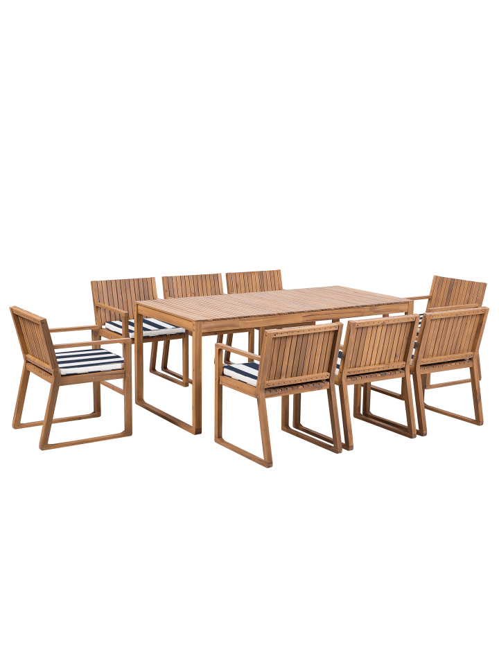 Beliani 9-tlg Gartentisch Set SASSARI in Heller Holzfarbton/Weiß/Blau günstig kaufen onesize