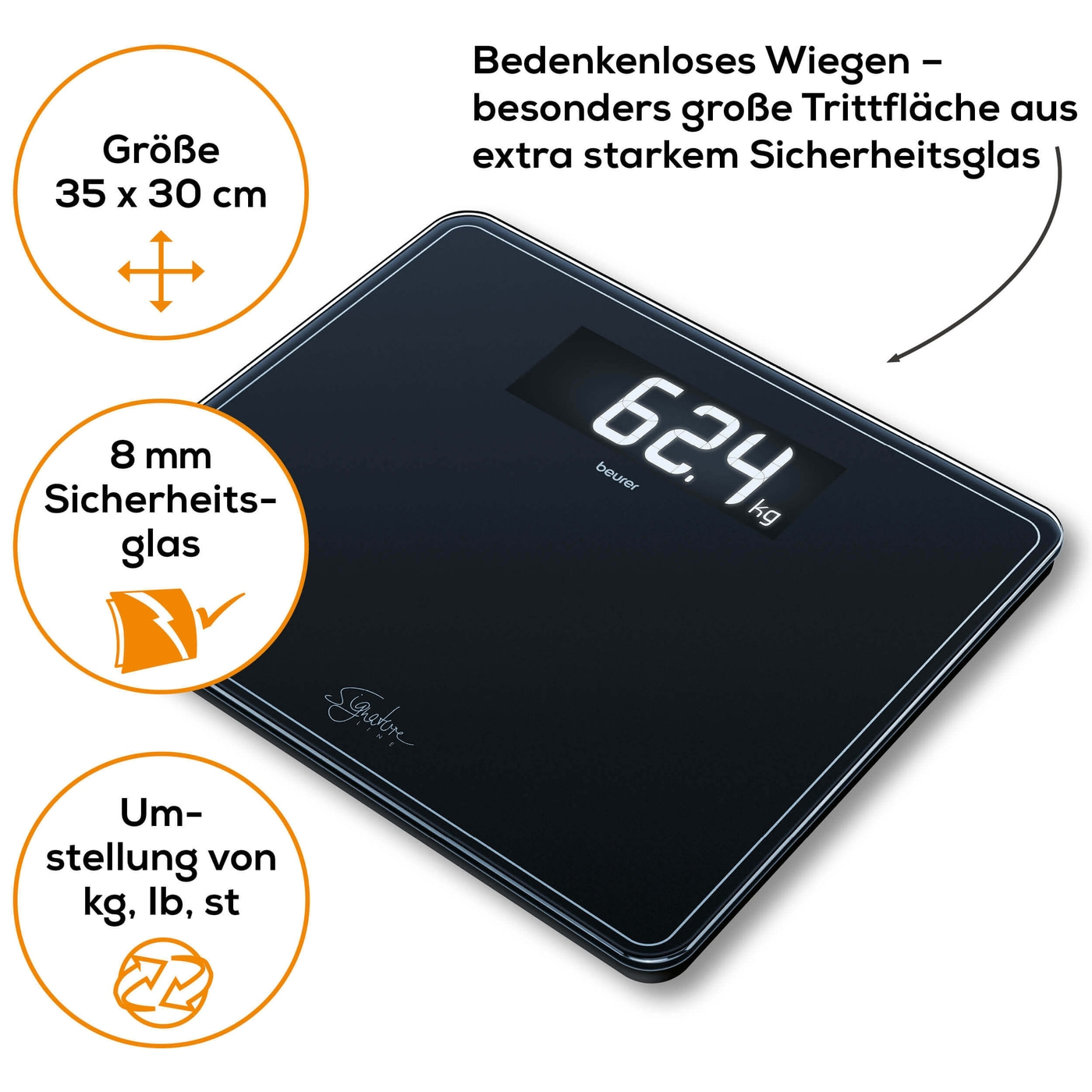 Beurer Glaswaage GS 410 SignatureLine Black-Personenwaage aus Glas im edlen Design & großer Zifferngröße - bis 200 kg