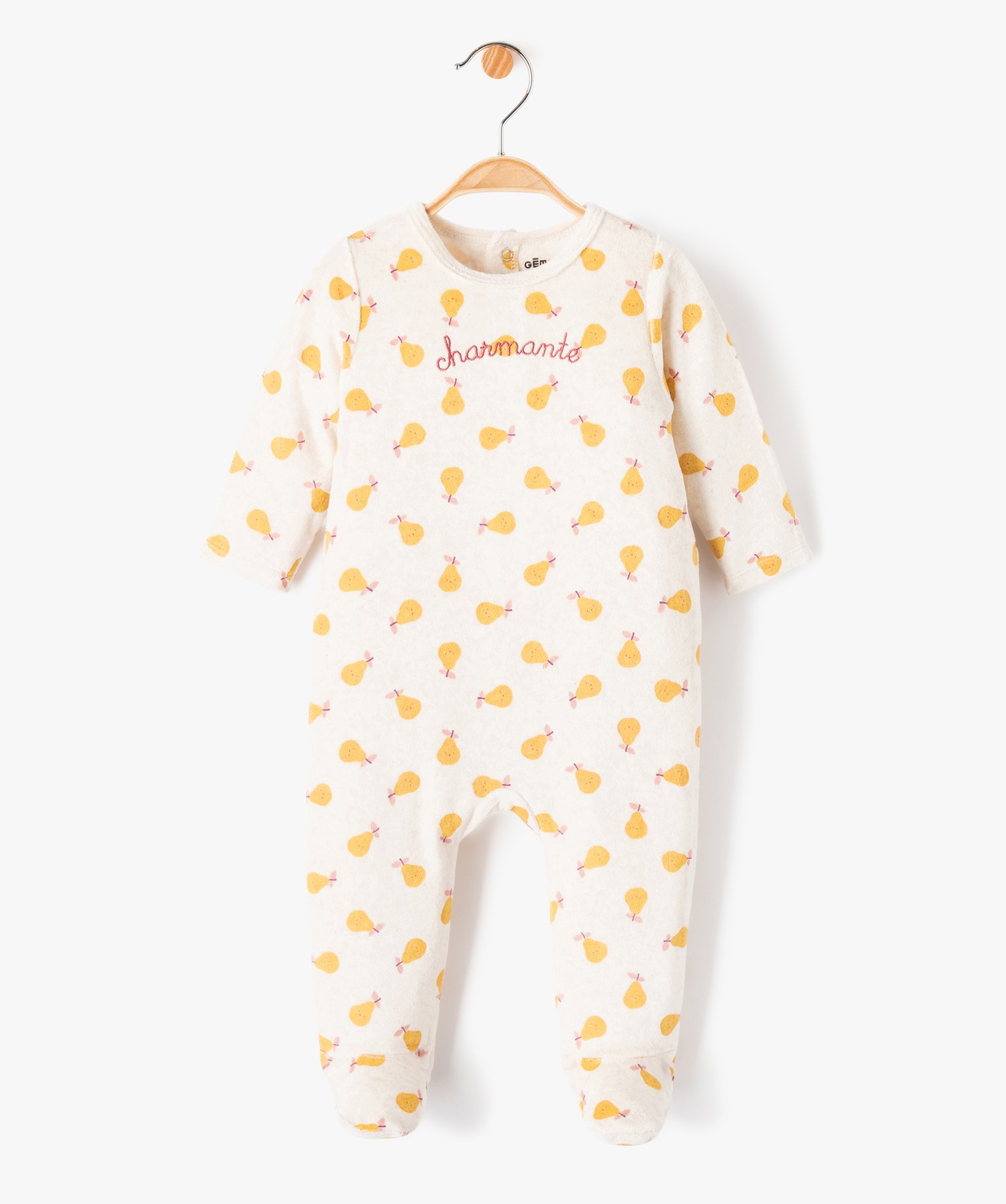Pyjama bébé fille en velours imprimé poires et broderie beige | GEMO