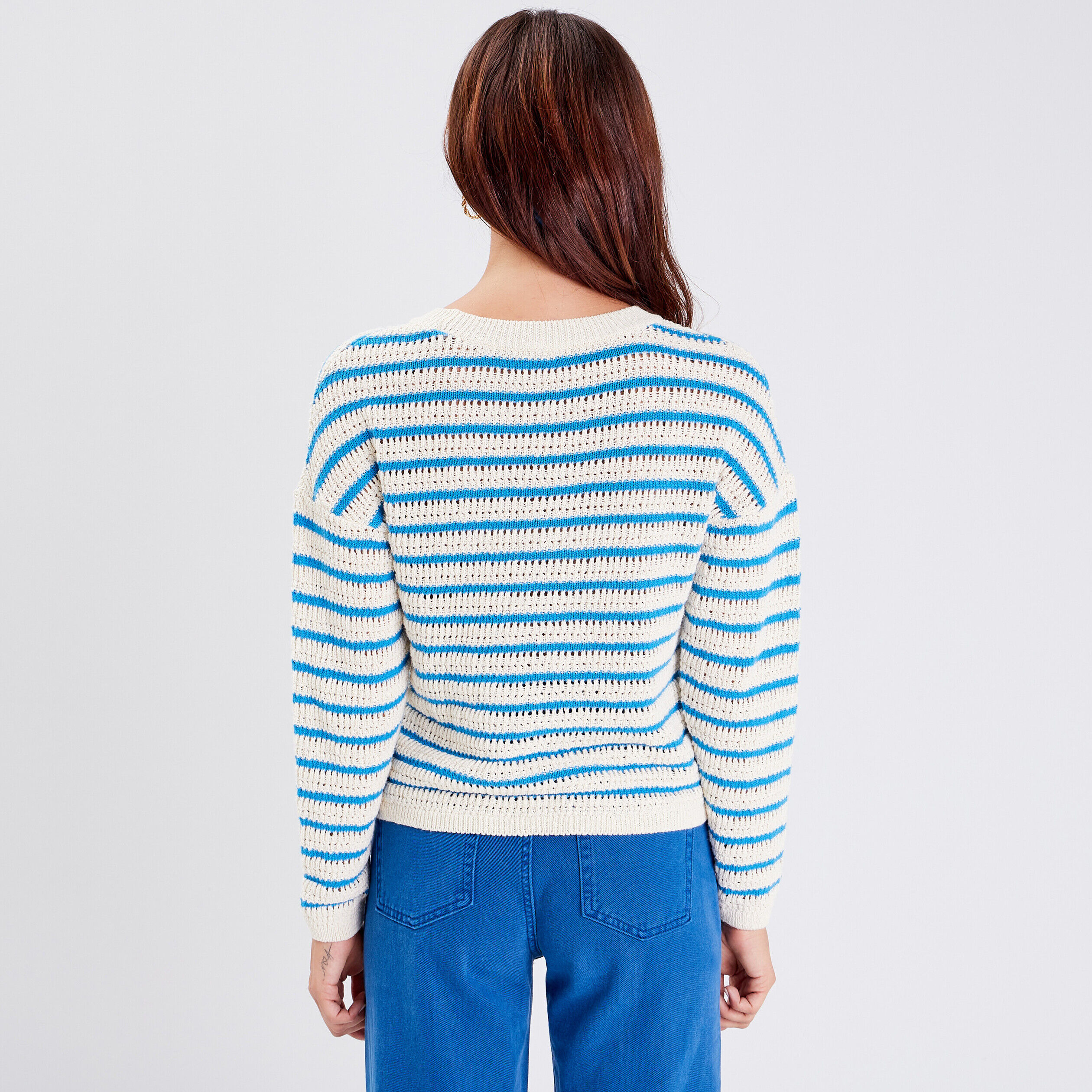 Pull manches longues ajouré bleu femme | Cache Cache
