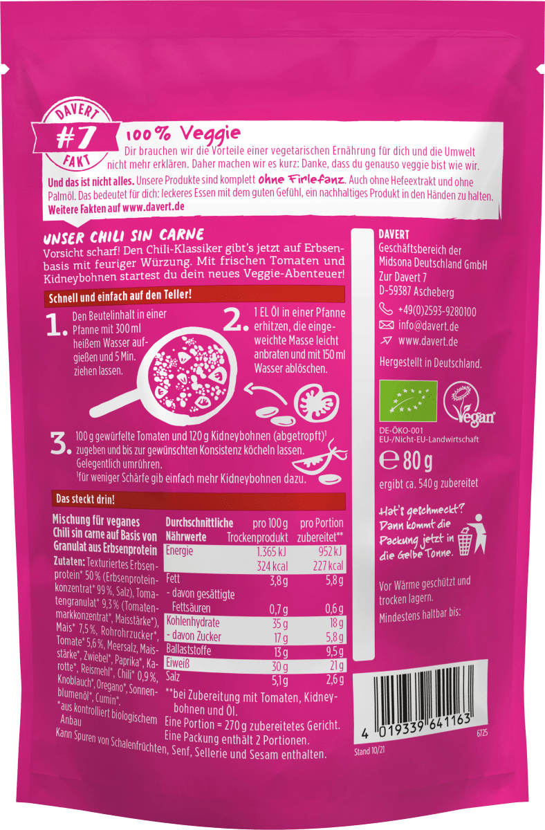 Fertiggericht, Chili sin Carne, 80 g