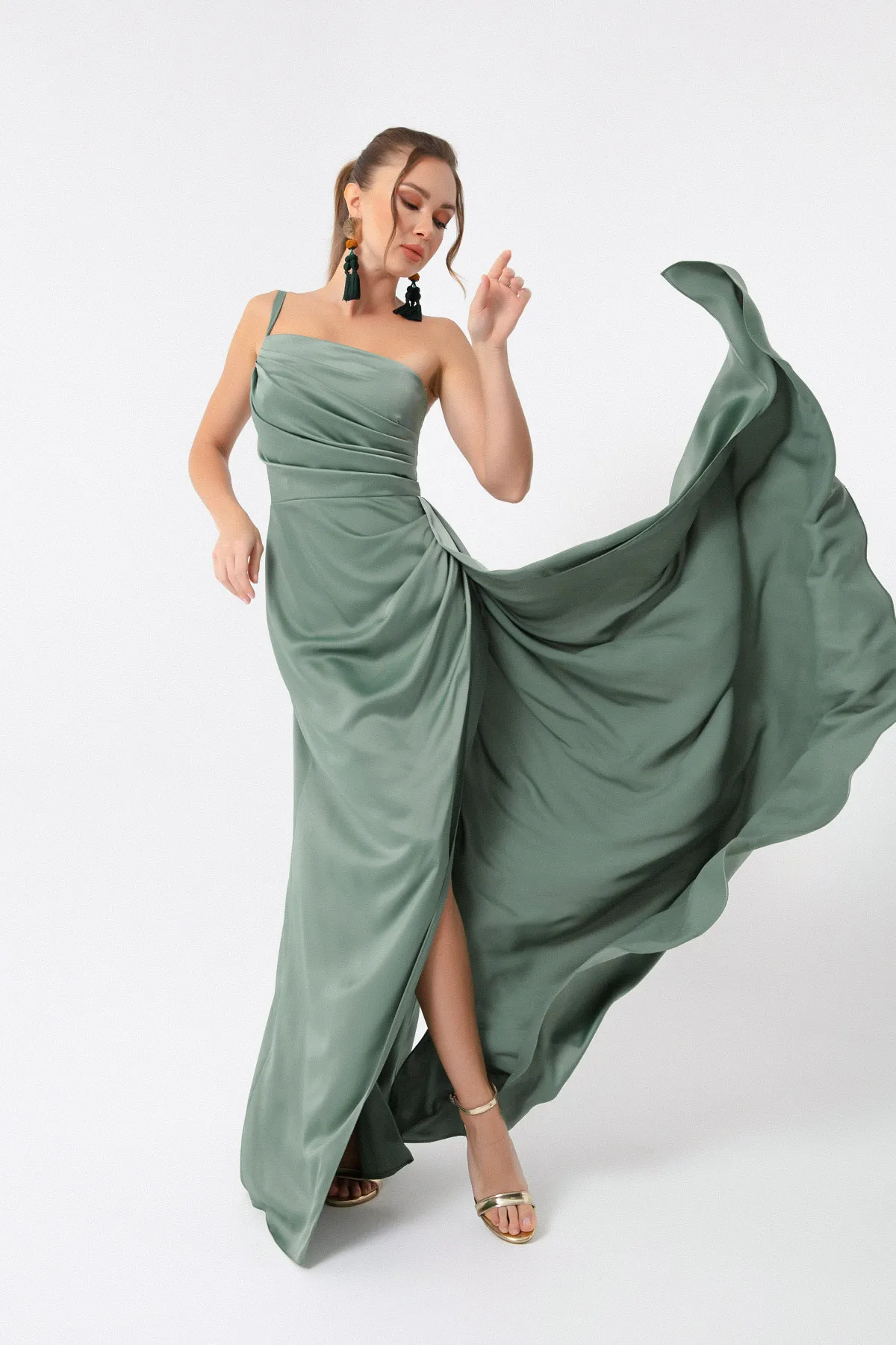Lafaba  Türkisfarbenes One-Shoulder-Abendkleid und Abschlusskleid aus Satin für Damen