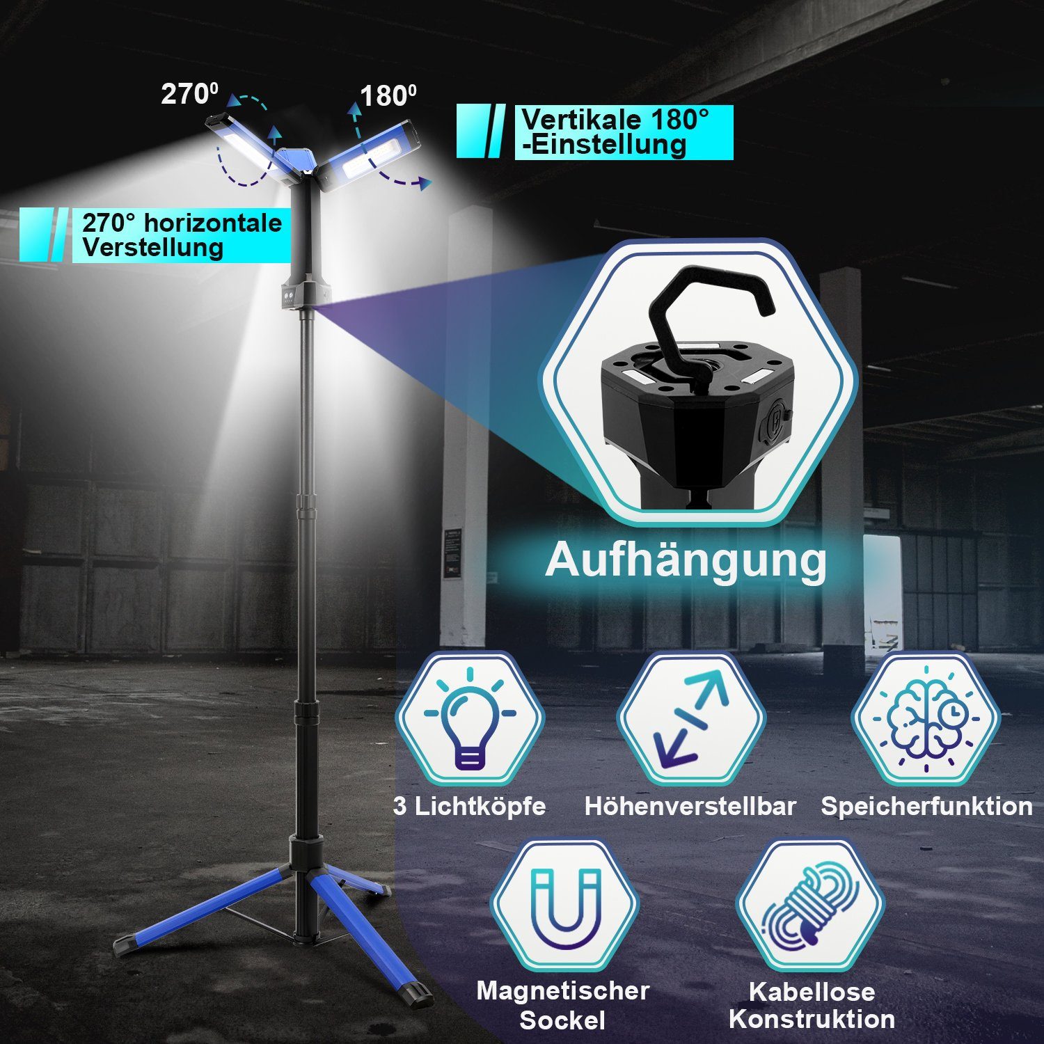 Gimisgu Baustrahler LED Akku Fluter Stativ Baustrahler mit Ständer Scheinwerfer Flutlicht