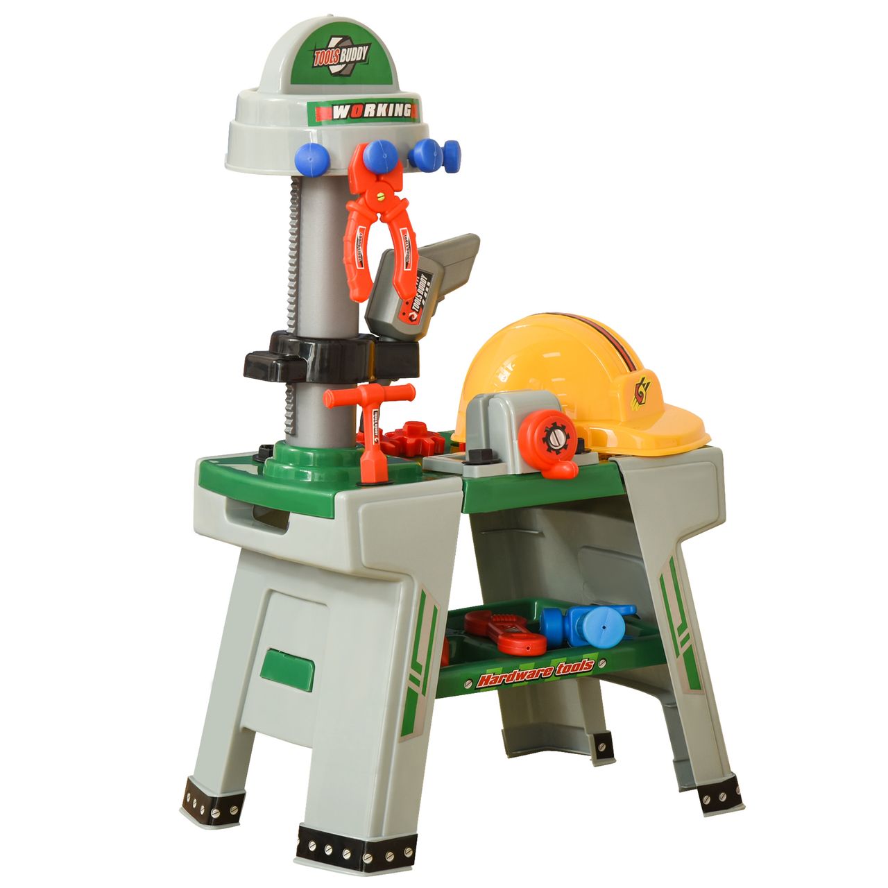 HOMCOM Kinder Werkbank Arbeitstisch Werkbanktisch mit 37 Zubehören Rollenspiel Spielzeug für Kinder von 3 bis 6 Jahren PP-kunststoff Grün Grau 44 x 26 x 71 cm