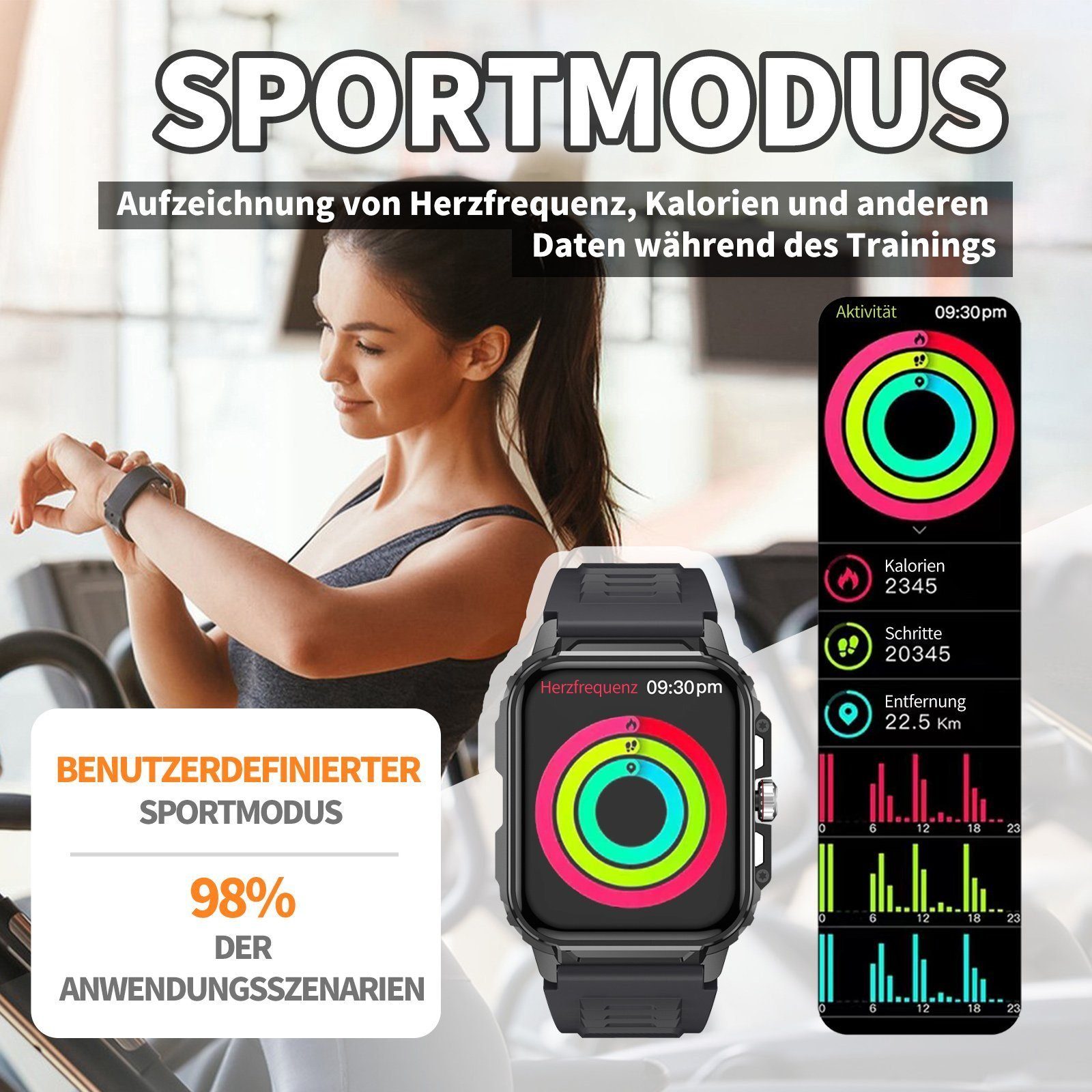 BUMHUM Smartwatch für Outdoor-Sport, Bluetooth-Anrufe, wasserdicht, Smartwatch (1.83 Zoll) Gesundheitsüberwachung, dreifacher Schutz, Fitnessuhr mit Telefonfunktion, IP68 Wasserdicht, 1.85