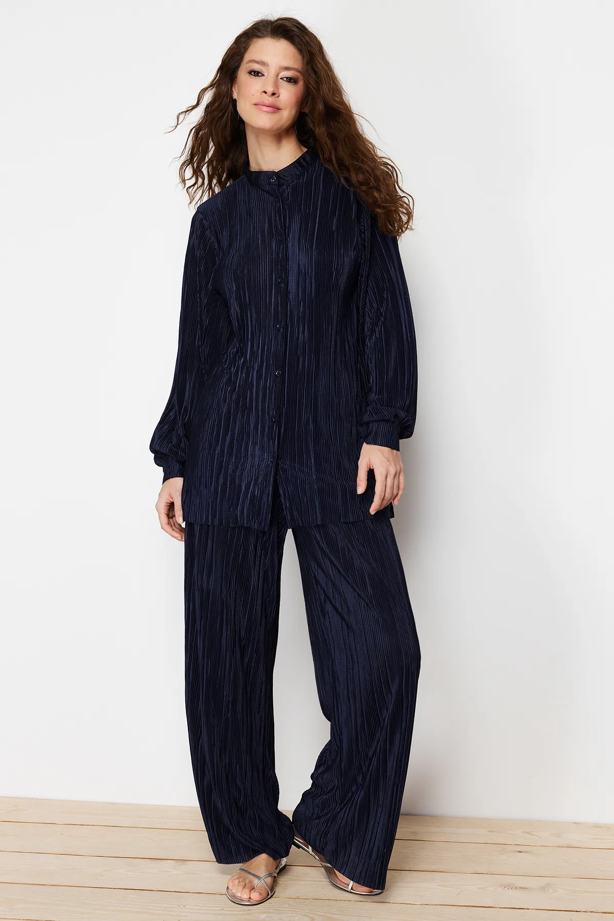 Trendyol Modest  Marineblaues, plissiertes Strick-Ober- und Unterteil-Set TCTSS24US00040