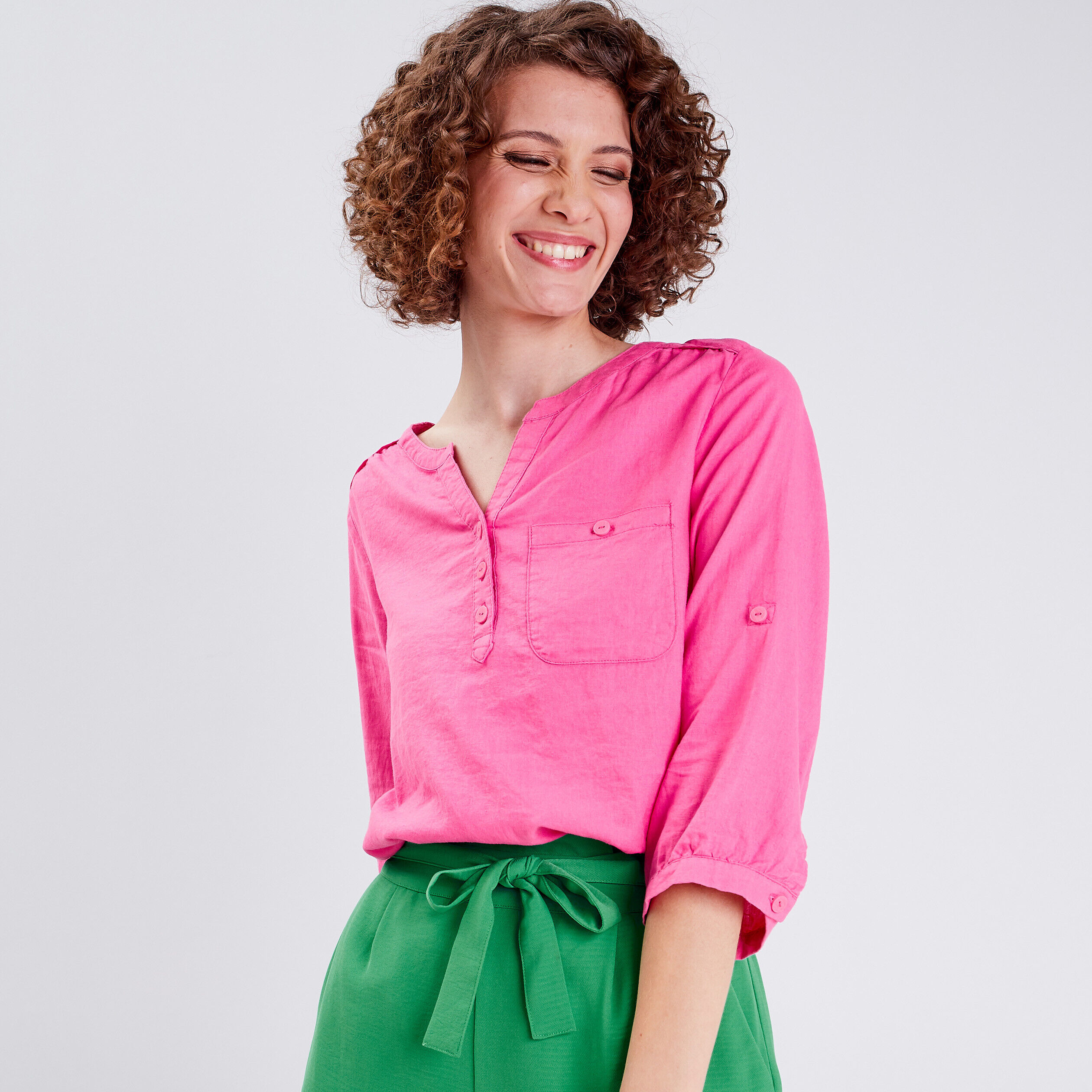 Blouse manches 3/4 rose fluo femme | Cache Cache