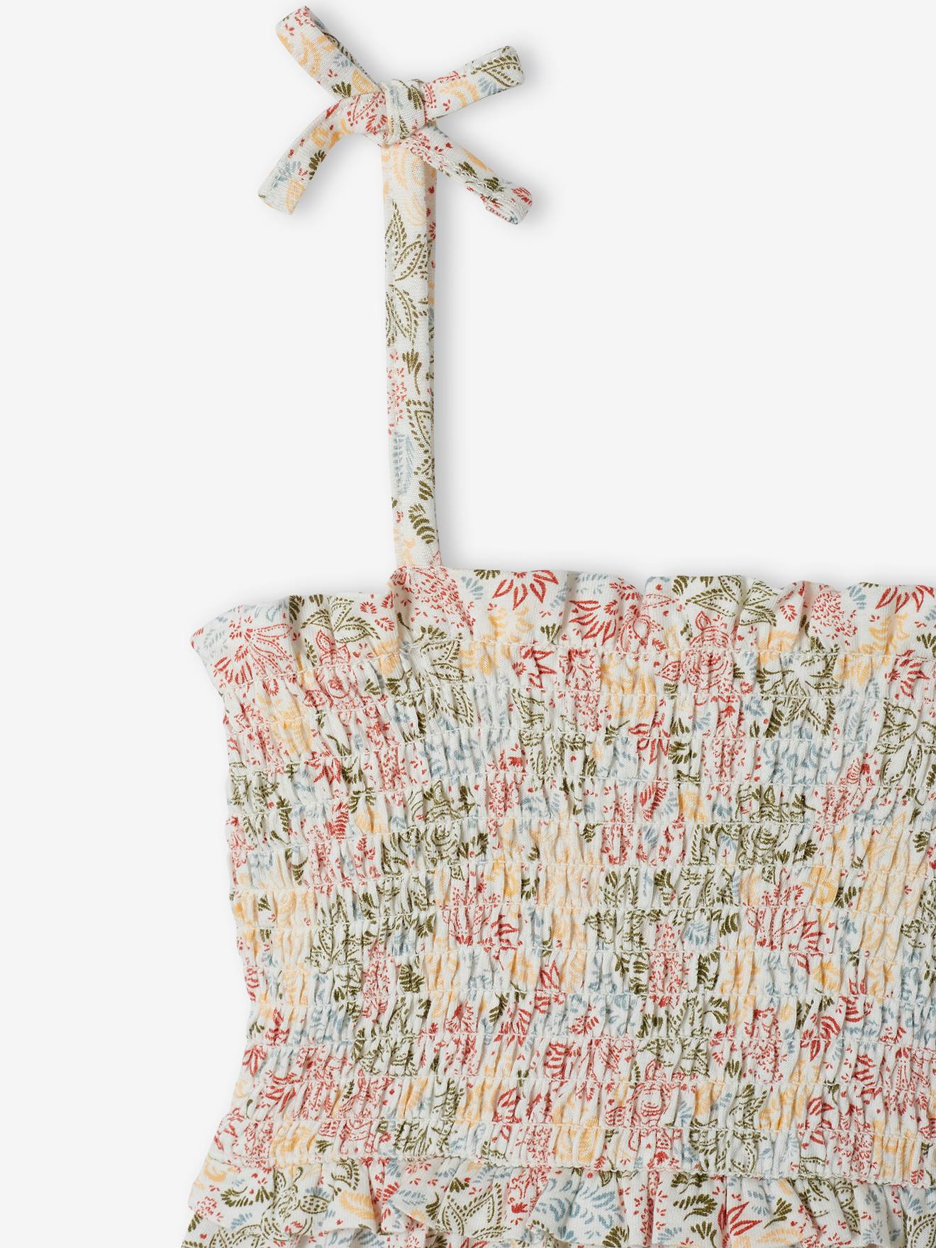 Robe à bretelles smockée motifs exotiques fille écru