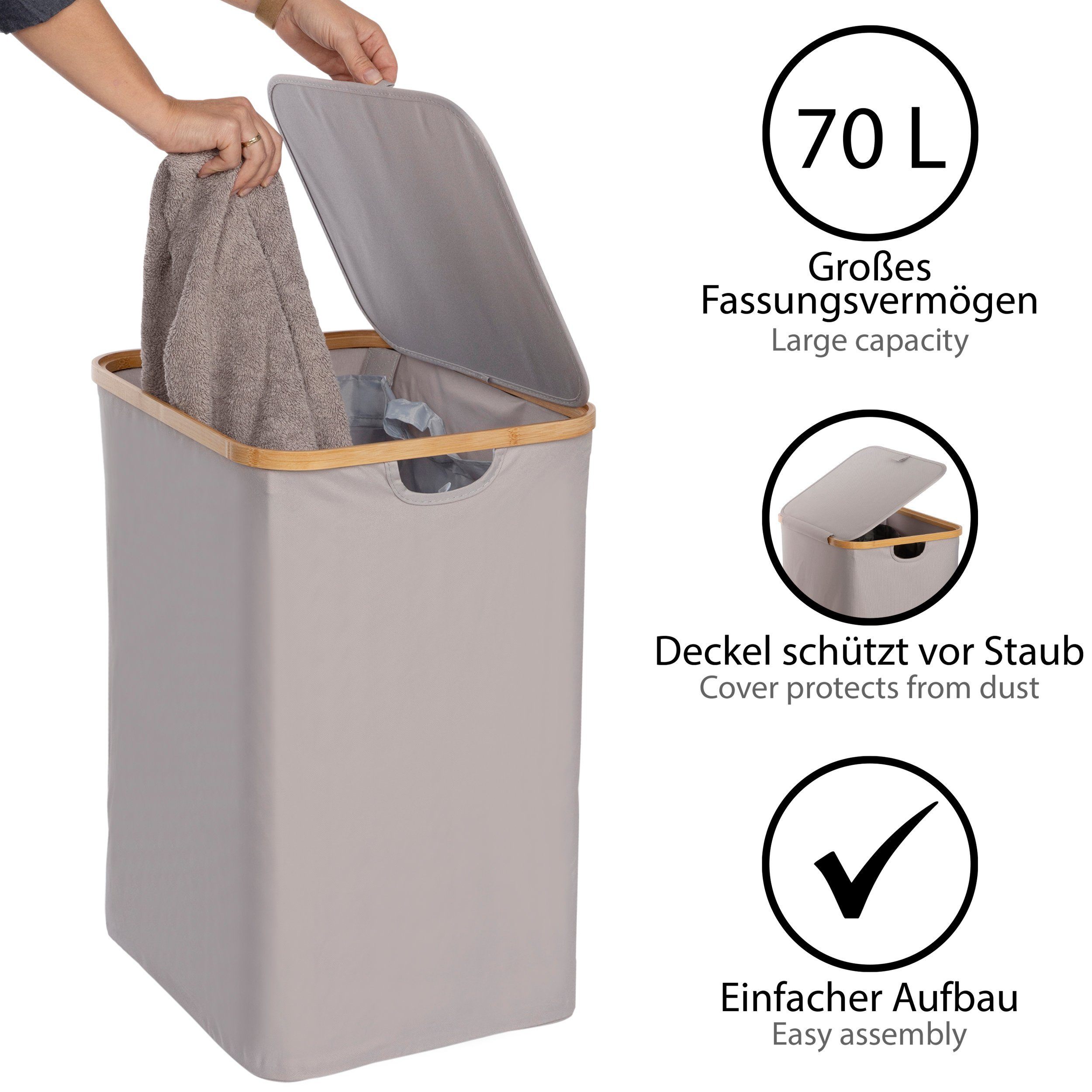 ONVAYA Wäschekorb Wäschesammler mit Deckel, 70L, herausnehmbarer Wäschekorb Bad