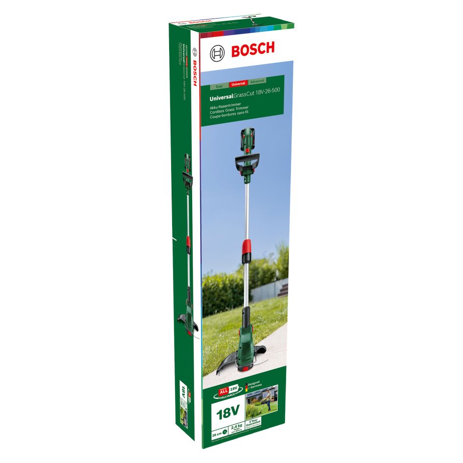 Akumulátorový vyžínač Bosch Green 06008C1F00 UniversalGrassCut 18V-26-500, 1x 2,0 Ah a nabíječka AL 18V-20 v krabici
