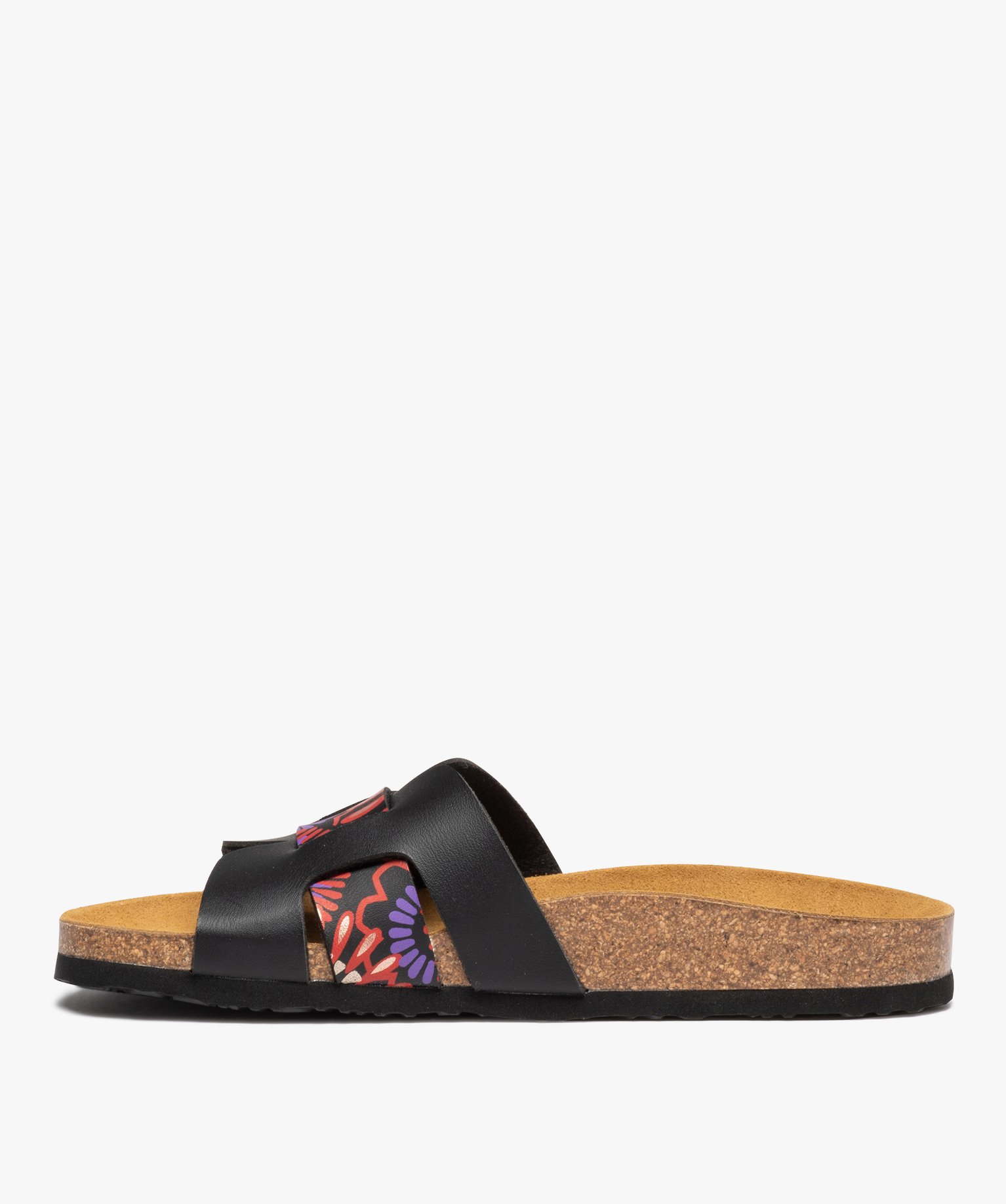 Mules femme à bandeau ajouré avec imprimé à fleurs noir | GEMO