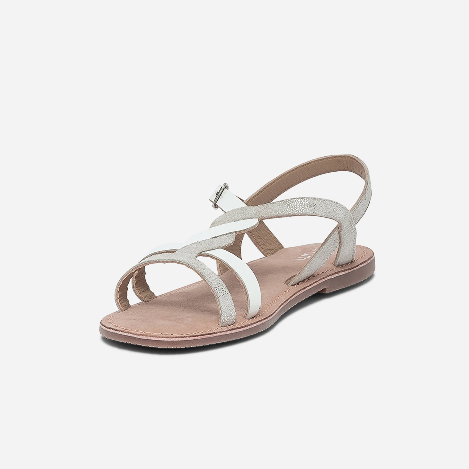 Sandale blanche en cuir lisse et imprimé