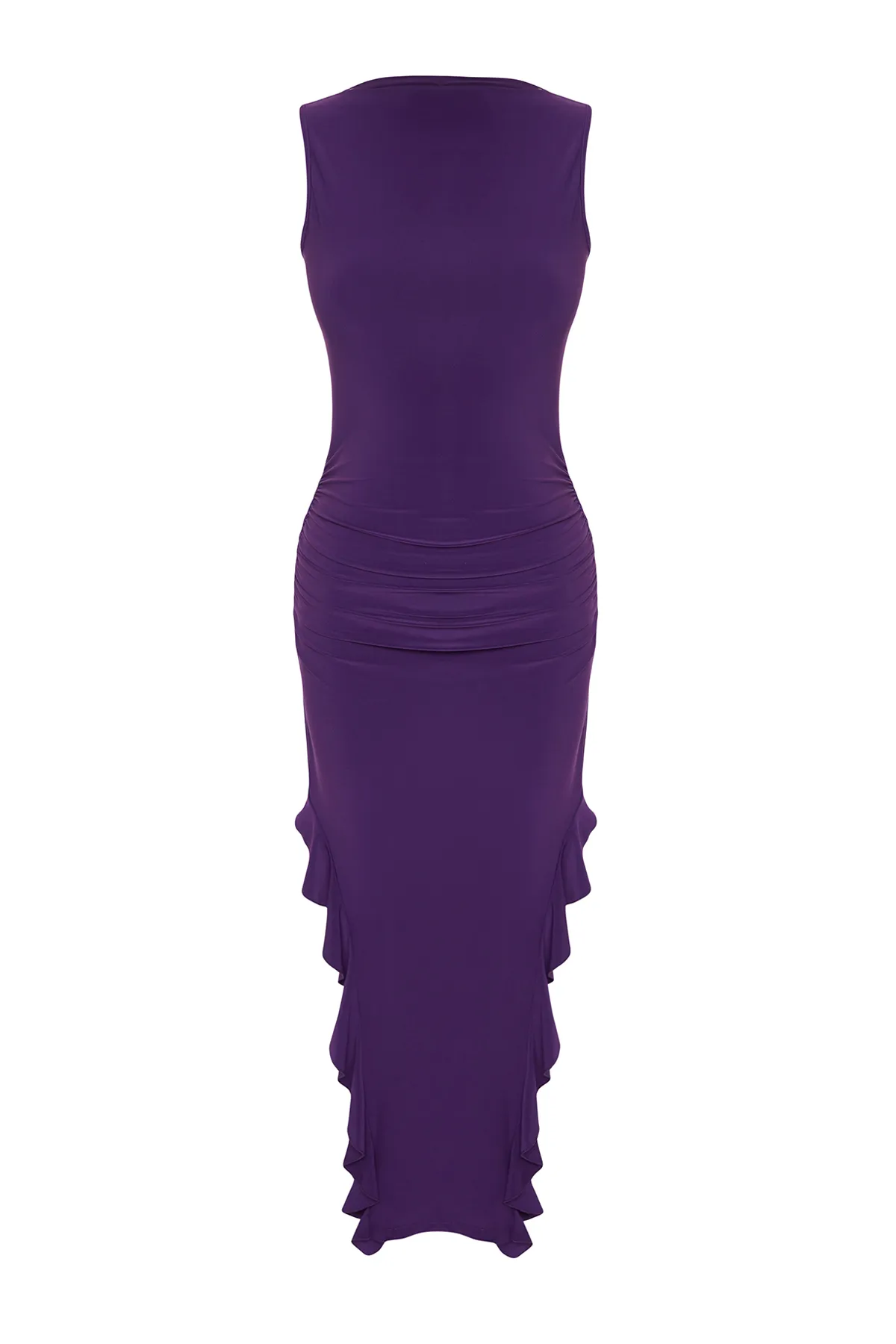 Trendyol Collection  Lila ärmelloses, geschlitztes, dehnbares, dickes Sandy-Maxi-Bleistiftkleid mit Rüschendetails TWOSS24EL00688