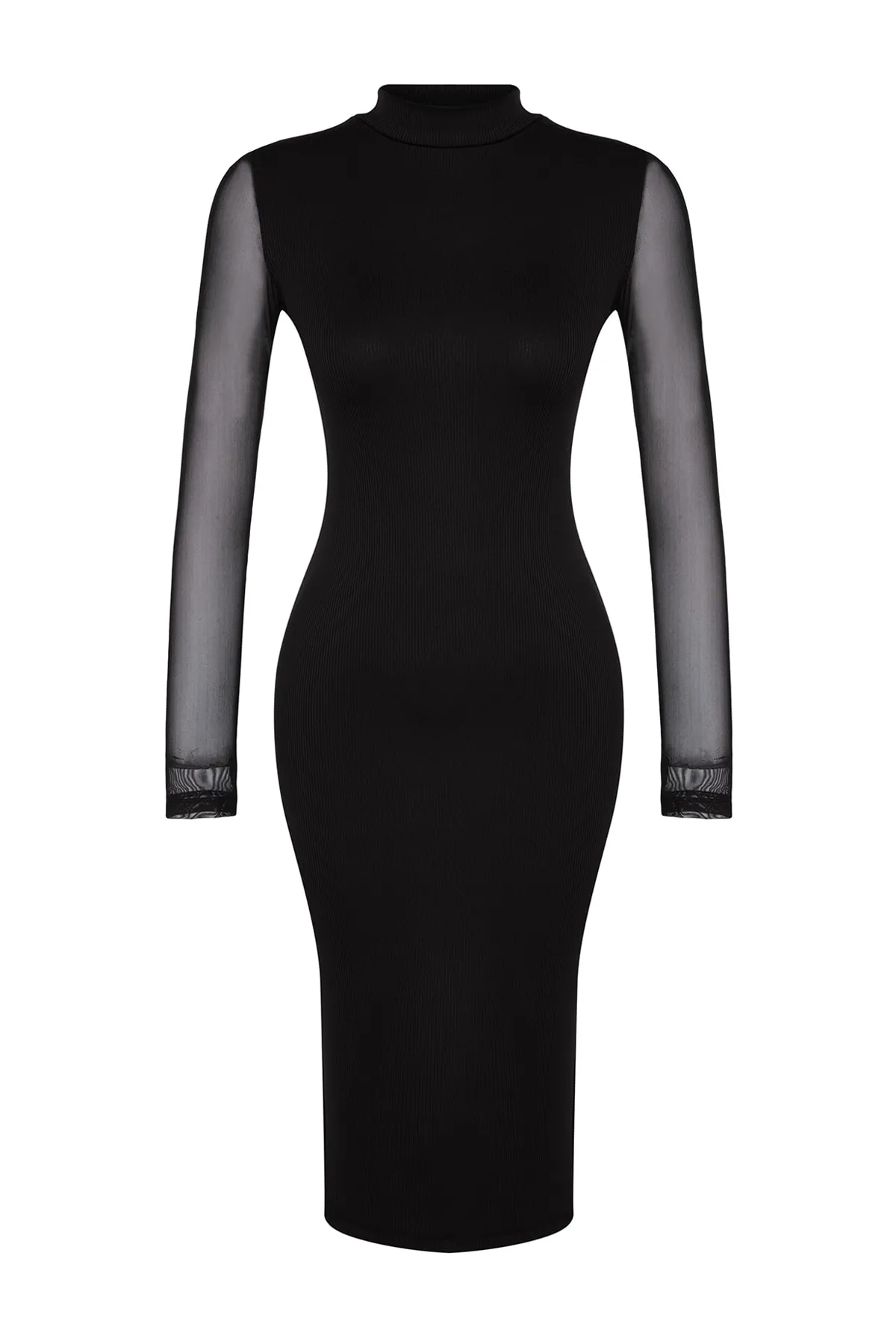 Trendyol Collection  Schwarzes, elegant geschnittenes Midi-Tüllkleid mit hohem Kragen und geripptem, flexiblem Strickkleid TWOAW24EL00177